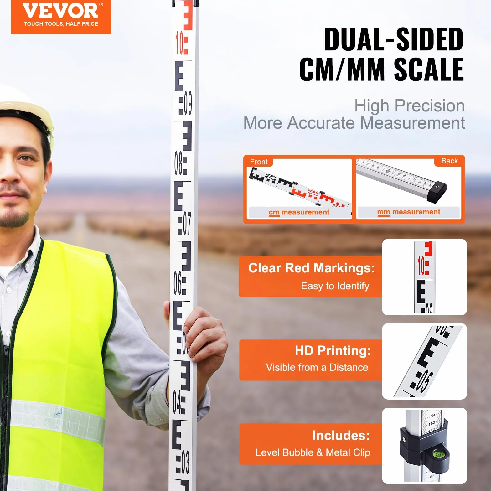 VEVOR Asta di Misurazione Telescopica 3 m Alluminio Scala Bifacciale CM/MM Livella a Bolla Borsa da Trasporto