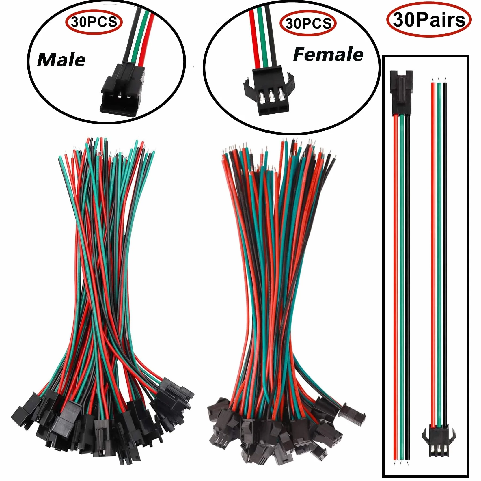 HUAZIZ 30 Pairs 22AWG Maschio/Femmina JST 3 Pin SM connettori Lunghezza Filo 150mm Rosso/Nero/Verde Plug Match Adattatore Cavo Cavo Connessioni