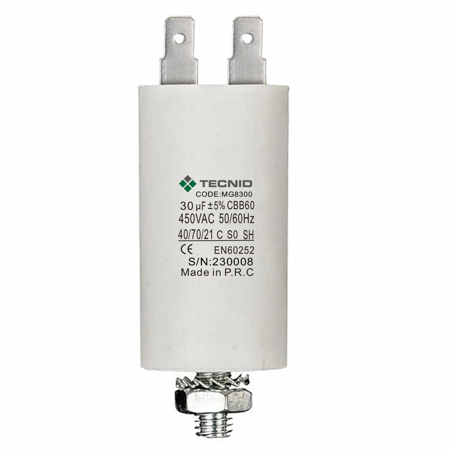 Condensatore di spunto 30µF 450V 4 pin per motori elettrici, avviamento con dado M8