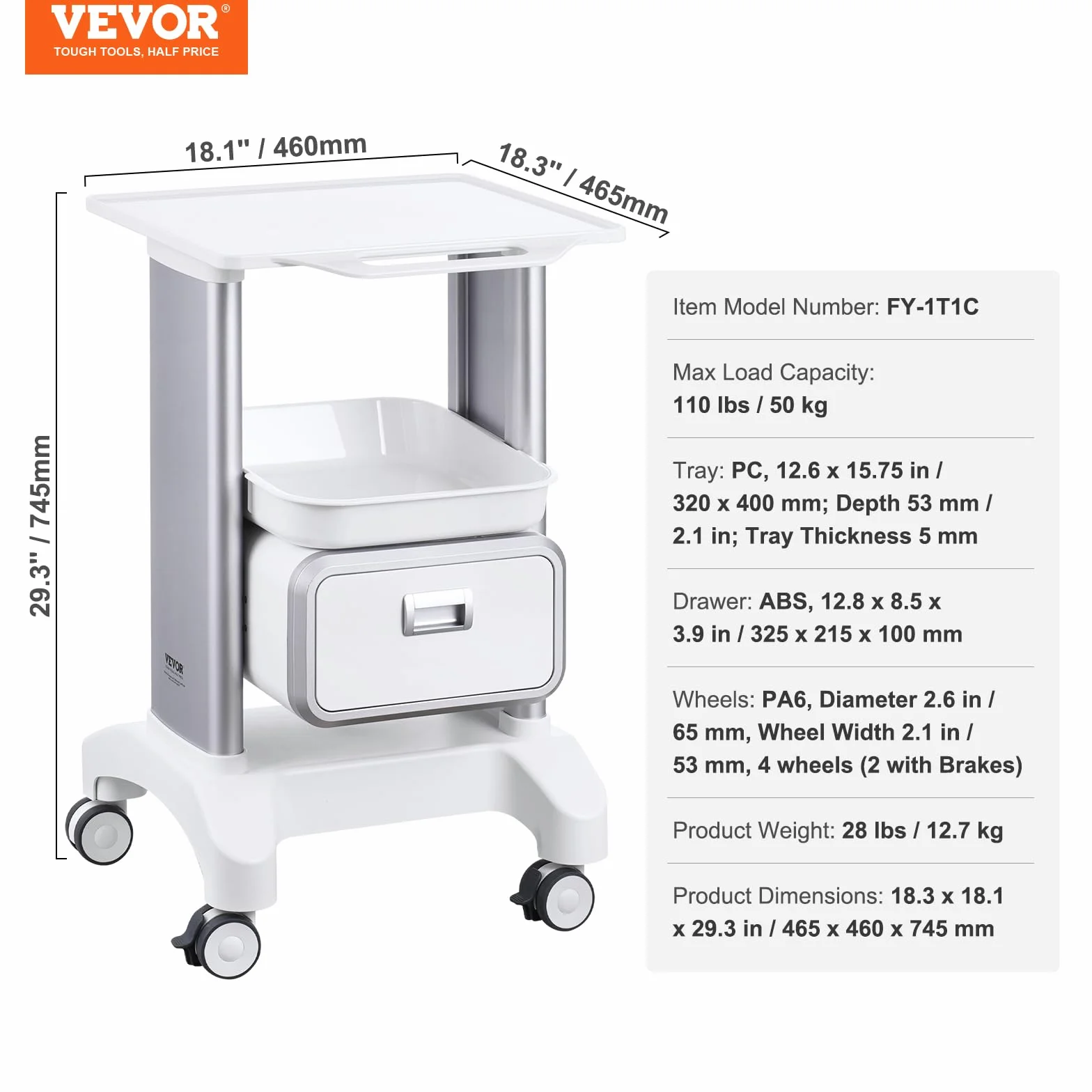 VEVOR Carrello da Laboratorio 2 Ripiani 1 Cassetto 1 Vassoio Superiore 4 Ruote ABS Bianco