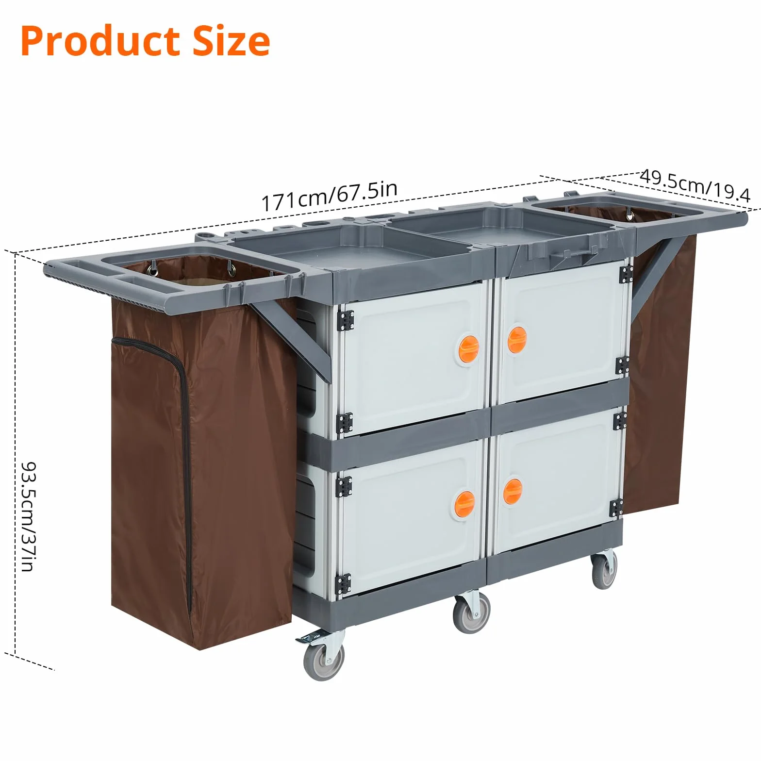 Carrello per pulizie professionale a 4 scomparti con doppio coperchio, manico in PP, struttura in alluminio, ruote silenziose TPR da 4 pollici, sacchi inclusi