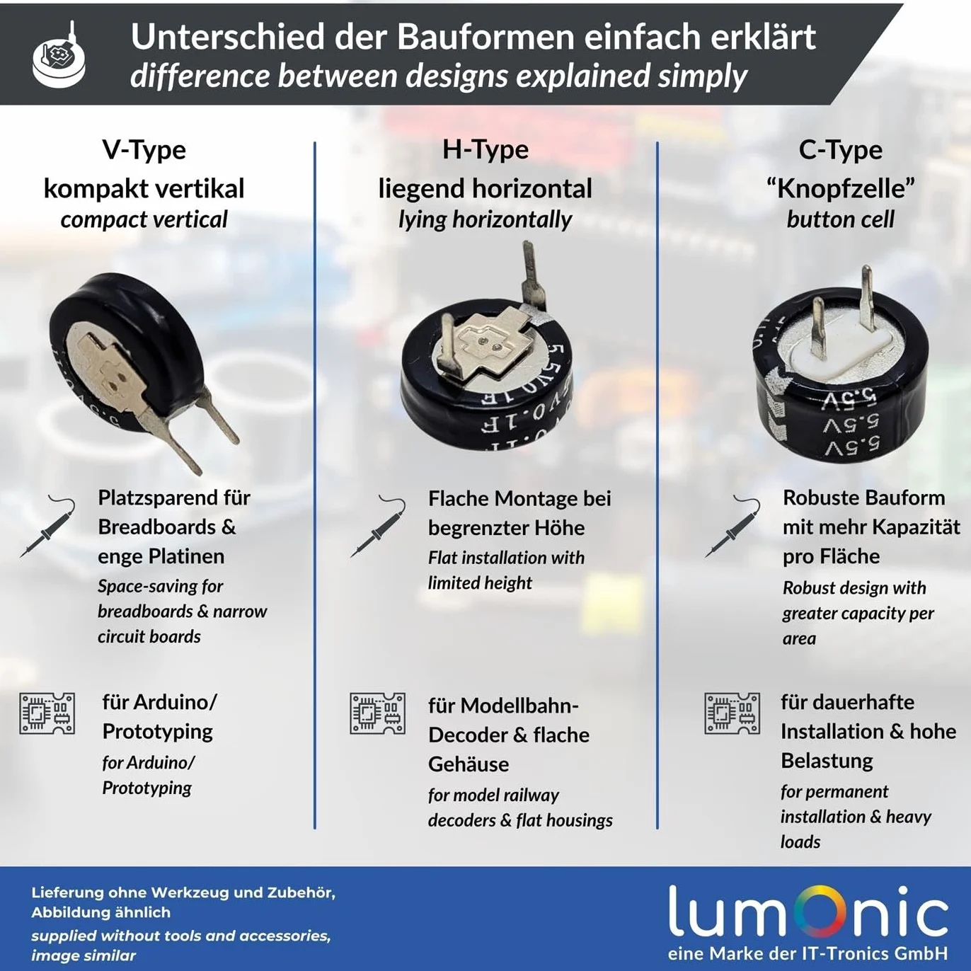Lumonic Supercap 1,0F 5,5V V-Type EDLC Monoblocco Protezione da sfarfallio Backup PLC Riscaldamento