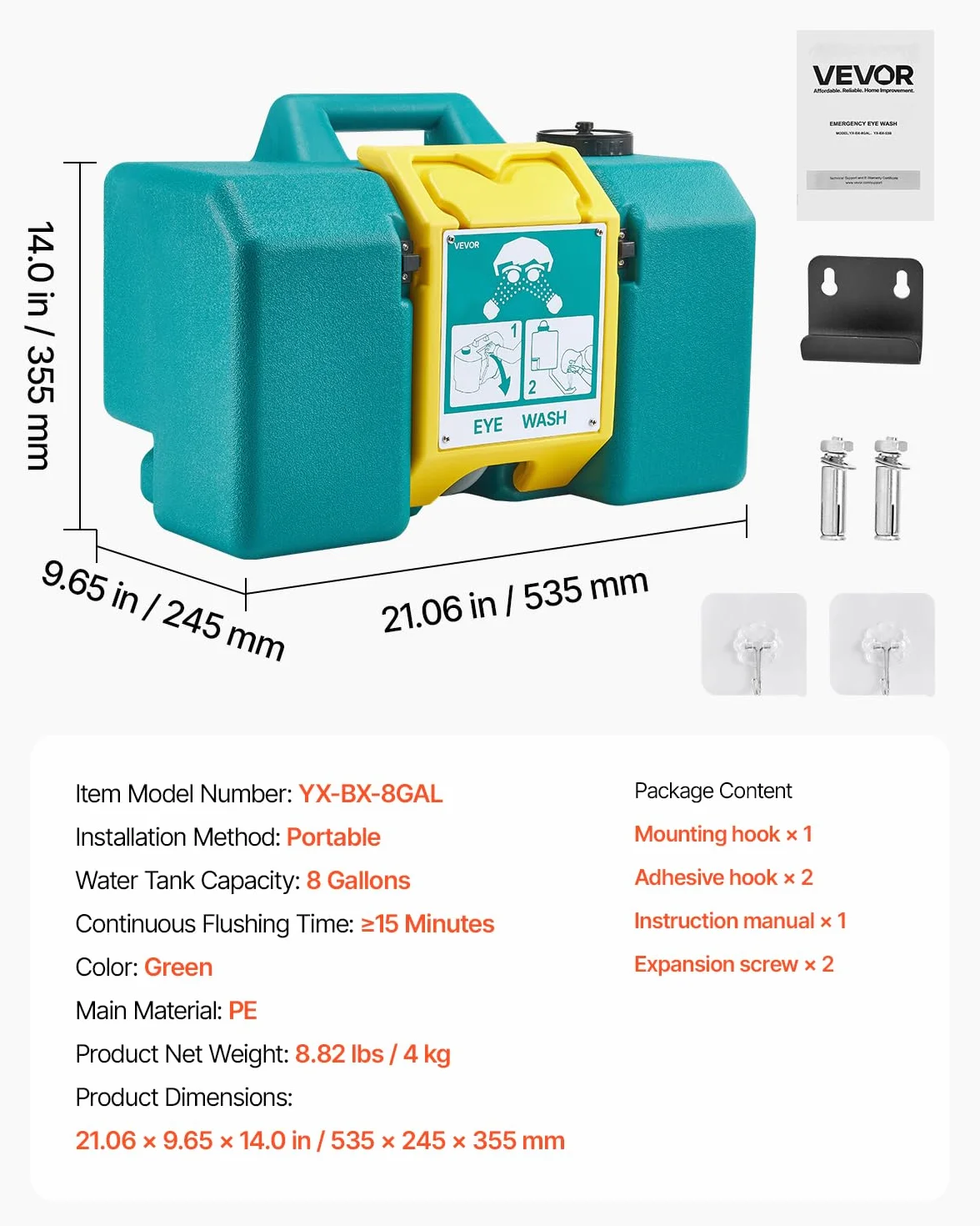 VEVOR Stazione di Lavaggio Oculare di Emergenza 535 x 245 x 355 mm Portatile con 2 Spruzzi