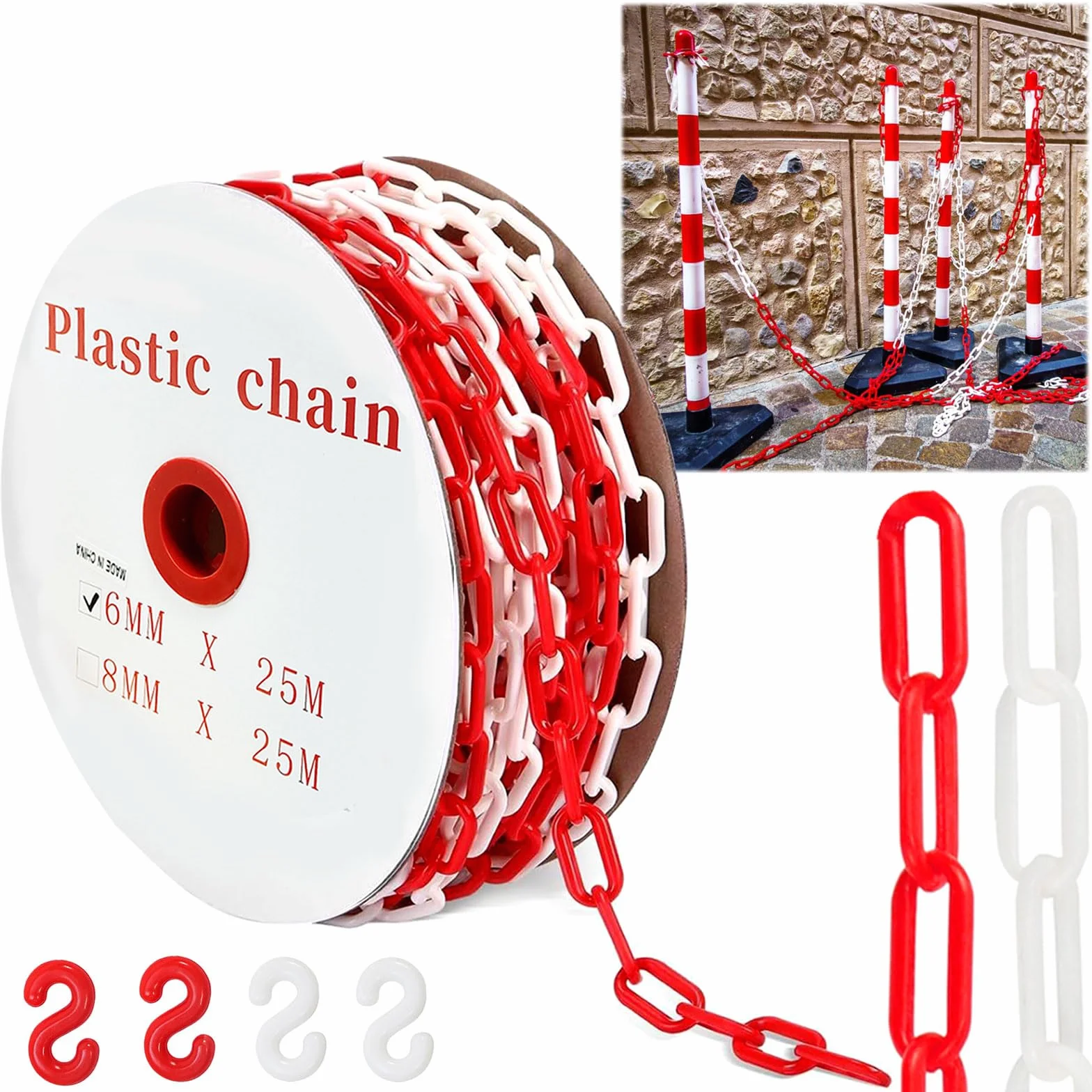Catena di bloccaggio, 25 m, in plastica, da 6 mm, in plastica, con 4 moschettoni, per barriere in vialetti, posti di lavoro e garage