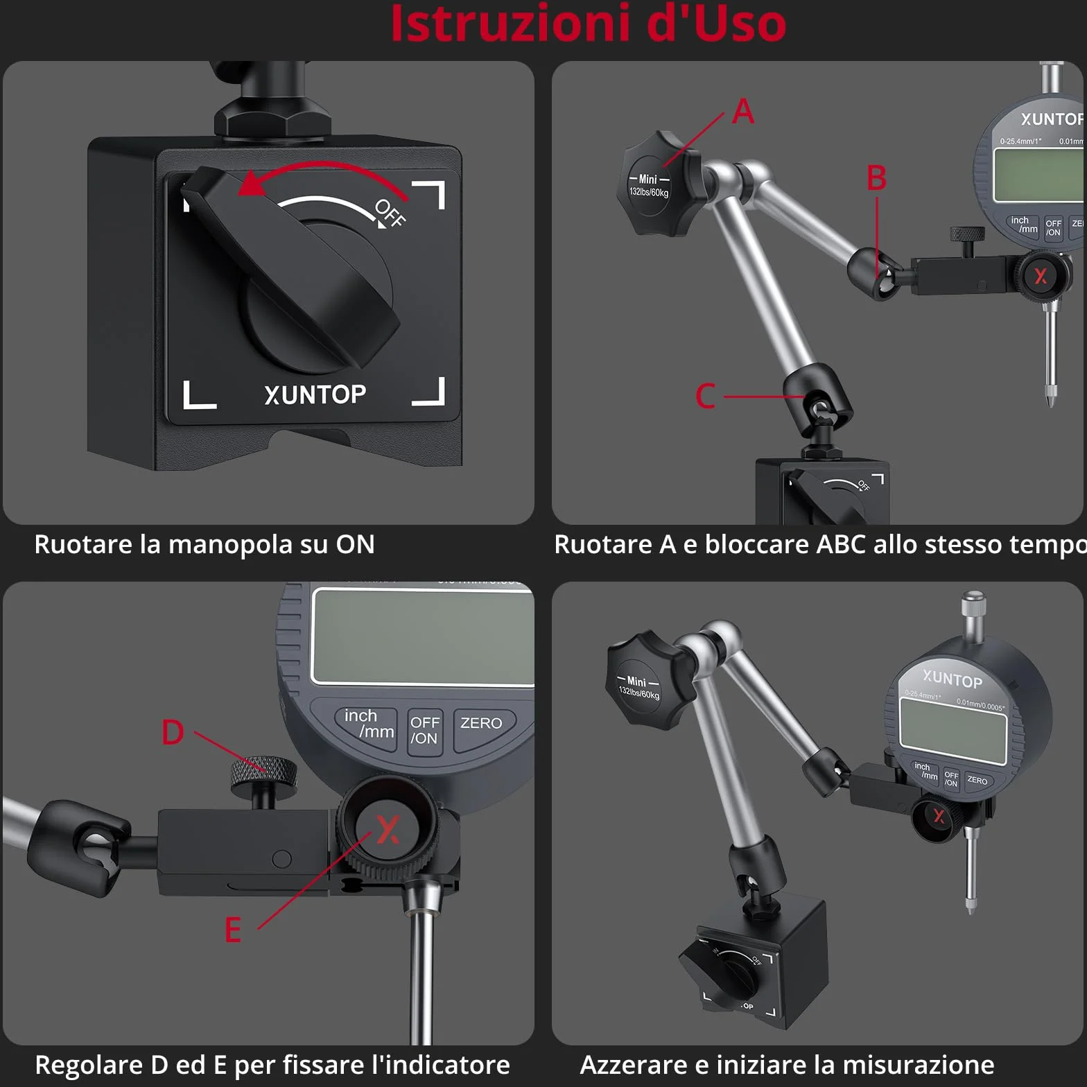 XUNTOP Comparatore Centesimale 0-25,4 mm con Base Magnetica 132lbs/60kg, Digital Dial Indicator 1inch/0.0005inch con Display LCD di Conversione Pollici/metri per Tornio, Stampante 3D, CNC, Industriale