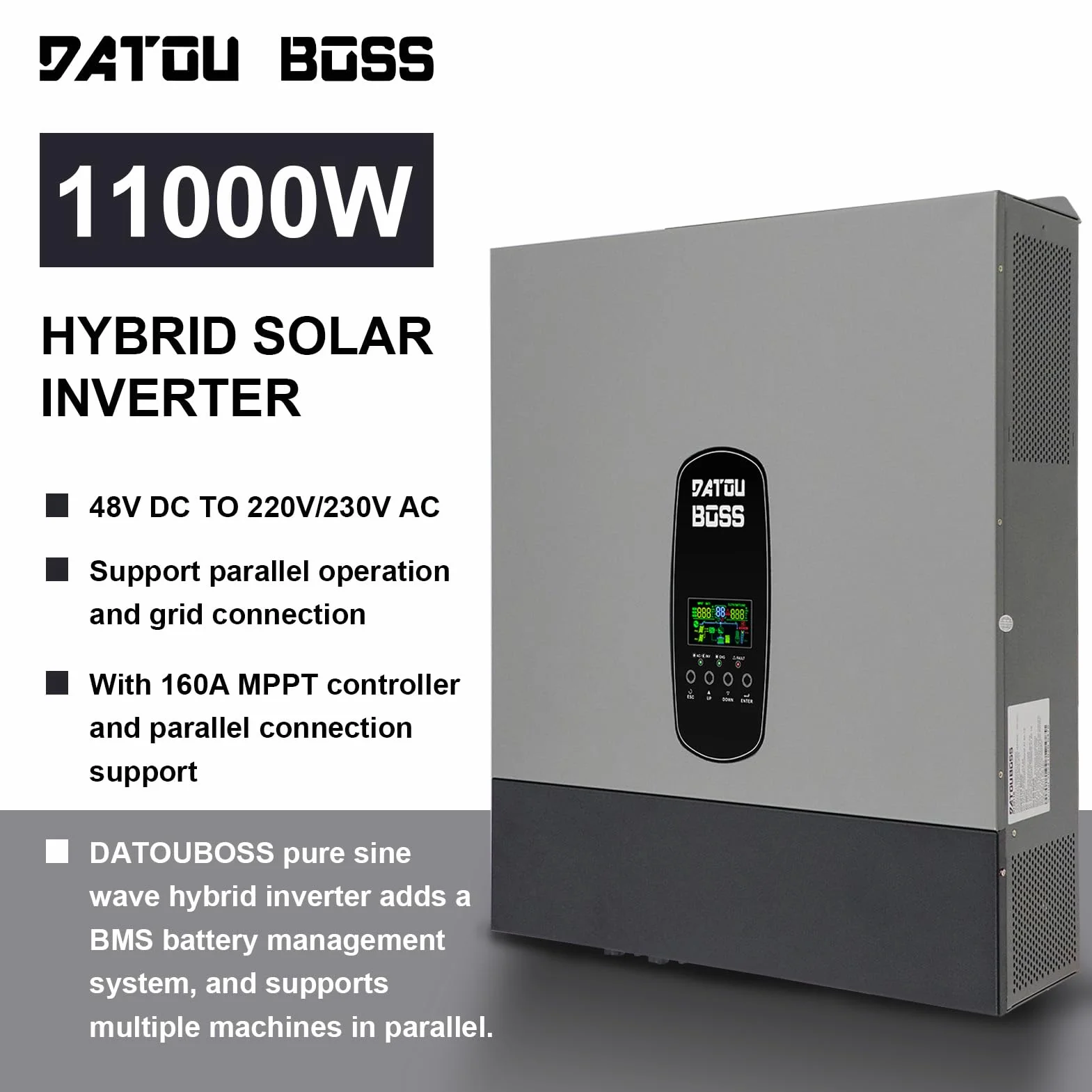 DATOUBOSS Inverter solare ibrido da 11 KW, 48 V, inverter sinusoidale puro con regolatore di carica solare da 150 A, supporta funzionamento senza batteria, sistema di protezione BMS, per batterie al