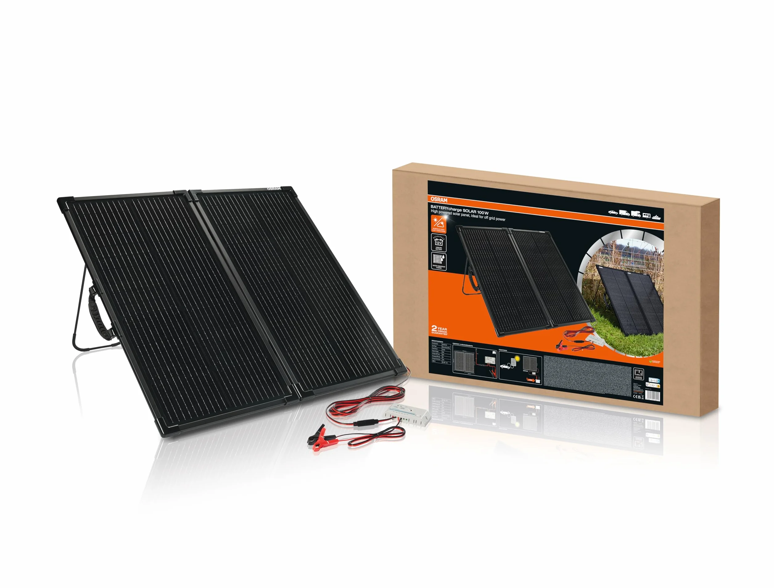 OSRAM BATTERYcharge SOLAR 100W, pannello solare portatile per alimentazione off-grid, mantenitore di carica, pannello solare pieghevole con supporto integrato, protezione da sovraccarico
