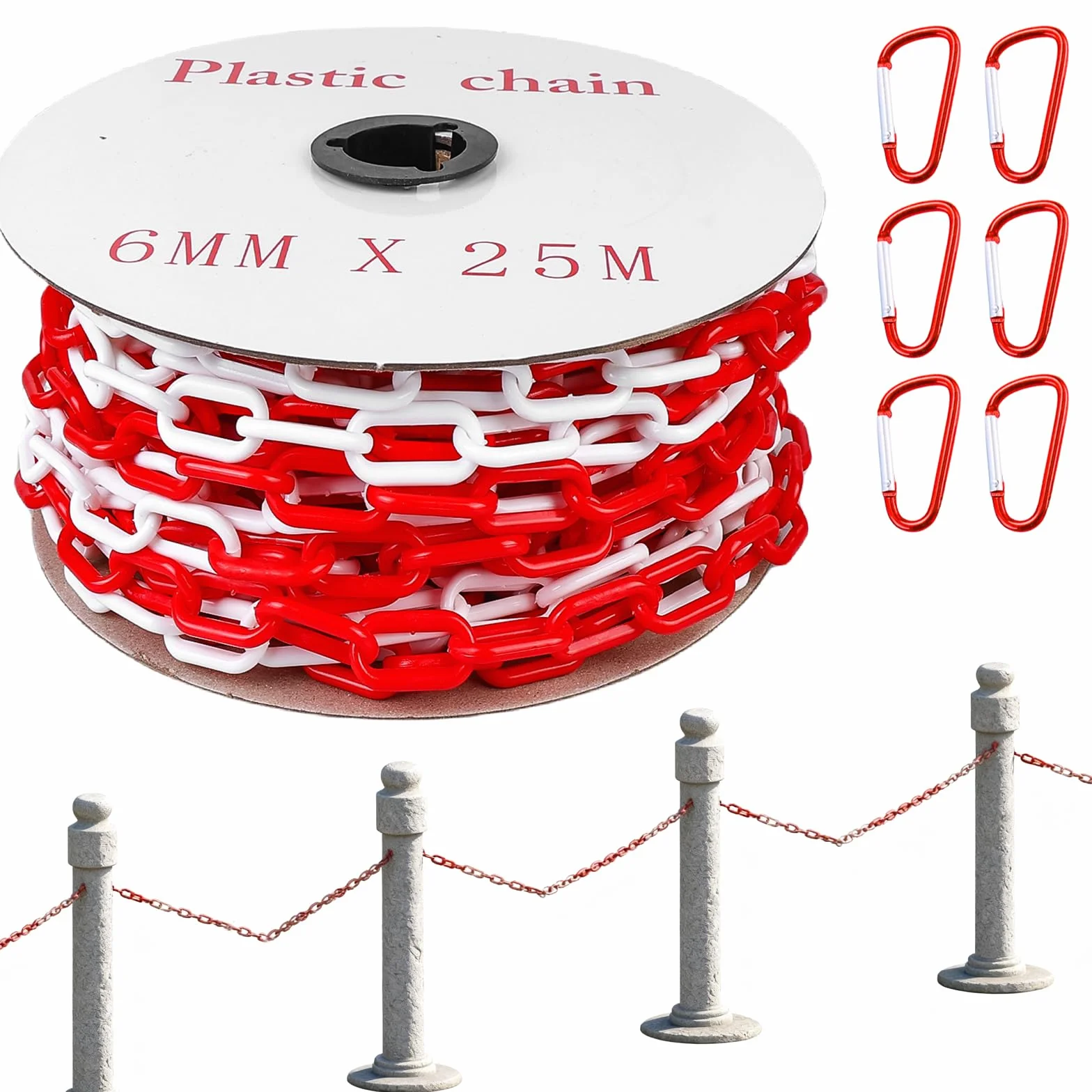 BAIFULAI Catena di sbarramento 25m, catena di sbarramento 6mm rosso/bianco in plastica con 6 moschettoni, catena di plastica/catena di avviso, catena di sicurezza per cantiere, catena a maglie per