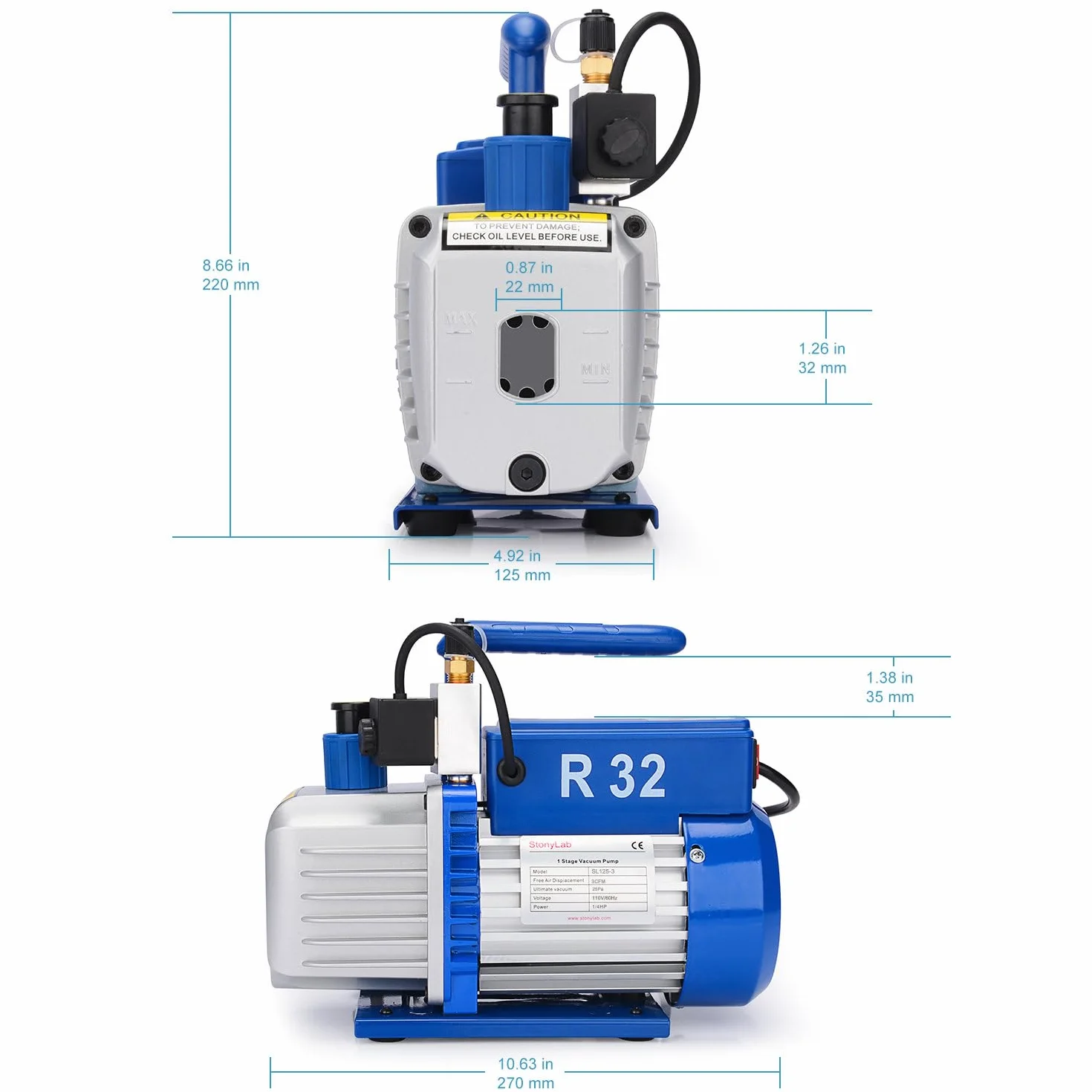 stonylab Pompa per Vuoto Rotativa a Palette, 3,5 CFM 25-30 Pa ¼ Pompa per Vuoto Compatta Monostadio HP con Elettrovalvola per Strumento Aria Refrigerante HVAC AC