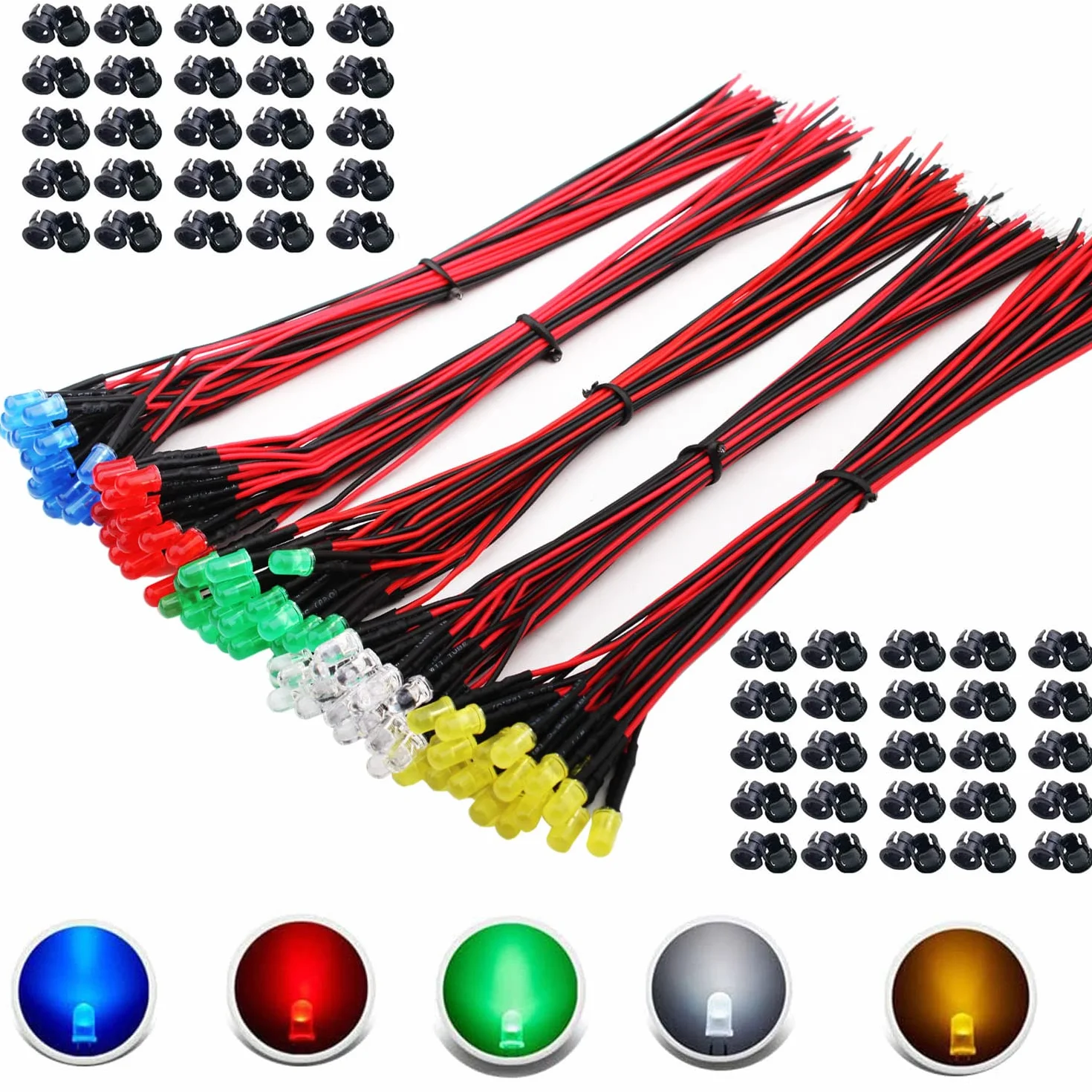RUNCCI-YUN 100 Pezzi 5 Colori 12V LED Diodi ad Emissione, 5mm Luminosa Luce a Diodi LED Precablata, Led Modellismo + 100Pezzi 5mm Supporto in Plastica del Diodo(Bianca, Rosso, Blu, Verde, Giallo)
