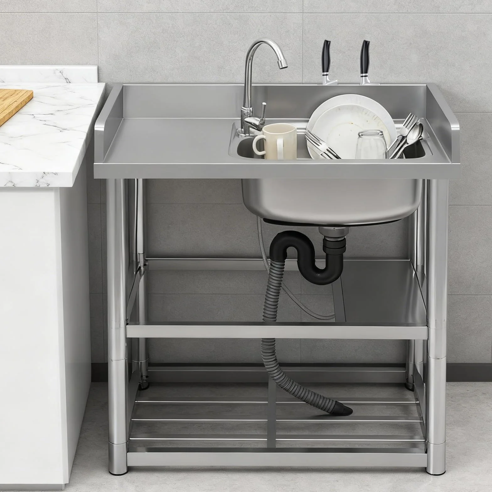 80x50 cm Lavello in acciaio inossidabile Lavandino Indipendente,Lavandino Esterno Con Rubinetto rotazione a 360°,lavello da ristorante commerciale,per Esterni, Interni
