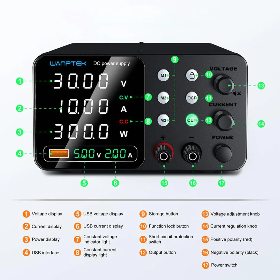 Alimentatore da Banco 30V 10A Regolabile con Memoria 3 Preset e Protezione OCP USB