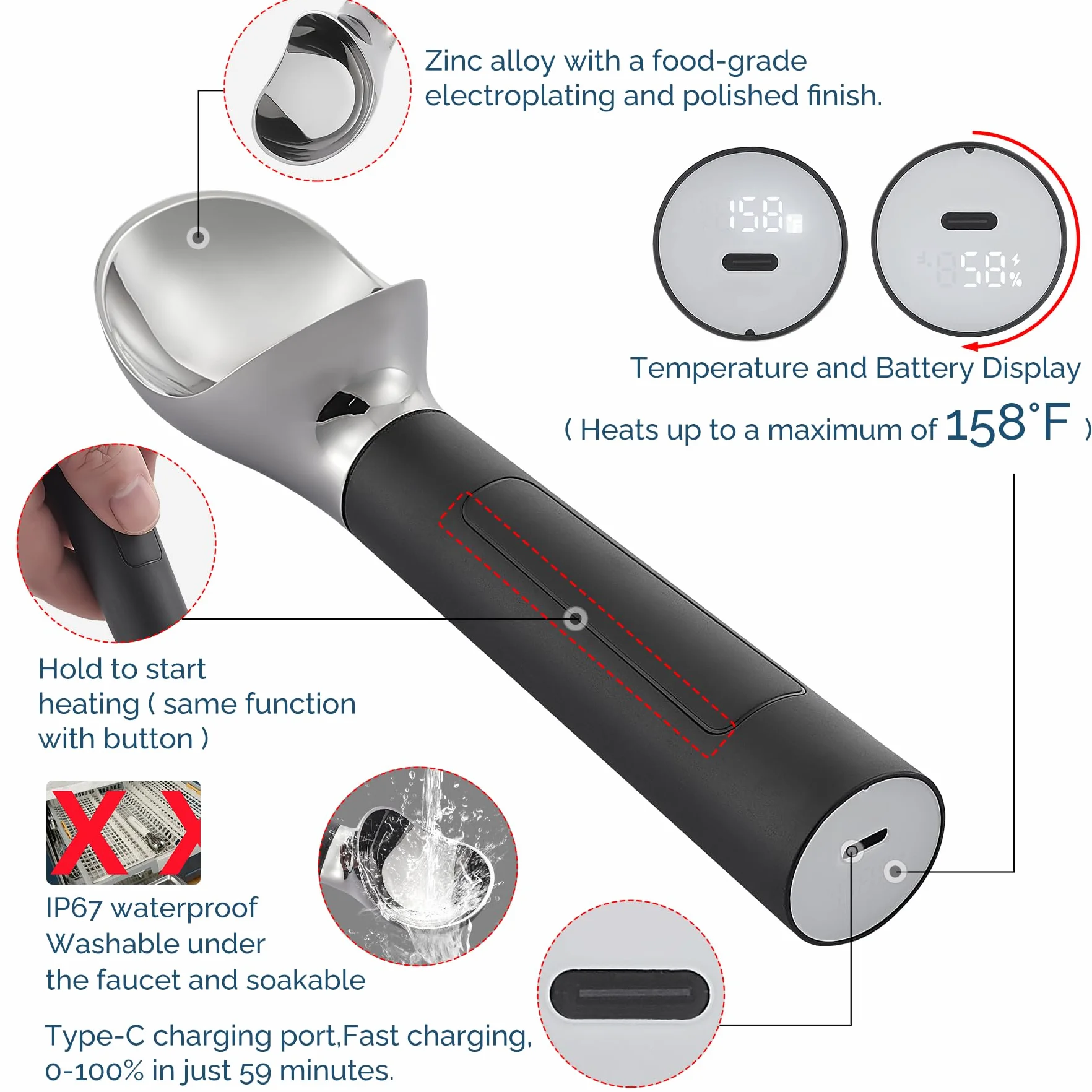 Paletta per gelato riscaldata Ricaricabile, scooper per gelato elettrico con display LED, riscalda fino a 70°C per gelato duro, facile per anziani e bambini, impermeabile IP67 (Nero)