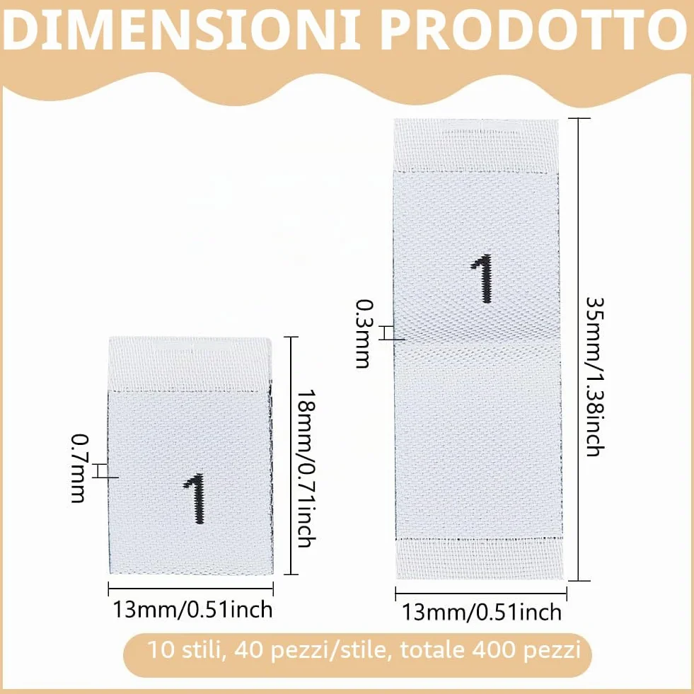 BENECREAT 400 etichette in poliestere per vestiti, 10 stili, colore bianco, accessori per abbigliamento, etichette da cucito per abiti, tute, camicie, camicette o tovaglioli, numeri da 1 a 10