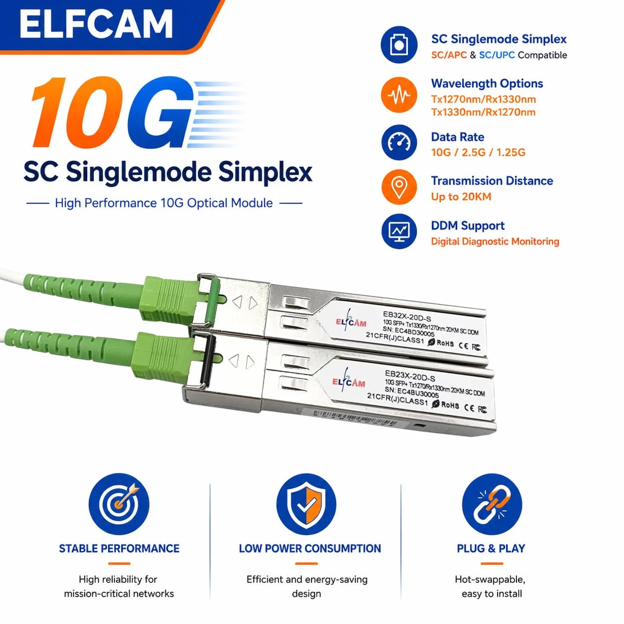 Elfcam 10Gbps SFP+ BIDI Transceiver Module SC Simplex Single Mode 20KM DDM Compatible Cisco Mikrotik D-Link