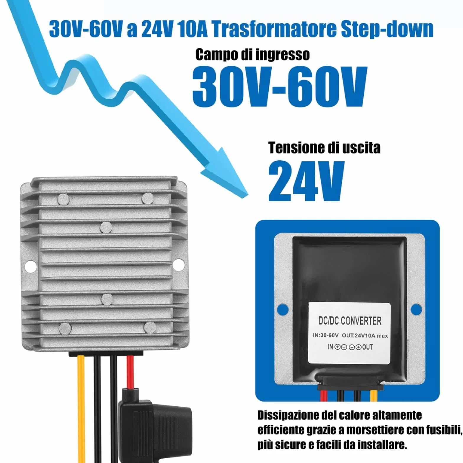 Step down 30V-60V a 24V 10A 240W dc dc converter Buck Volt | 24V/48V a 24V Trasformatore Alimentatore Regolatore Limitatore Riduttore Convertitore di tensione Raddrizzatore