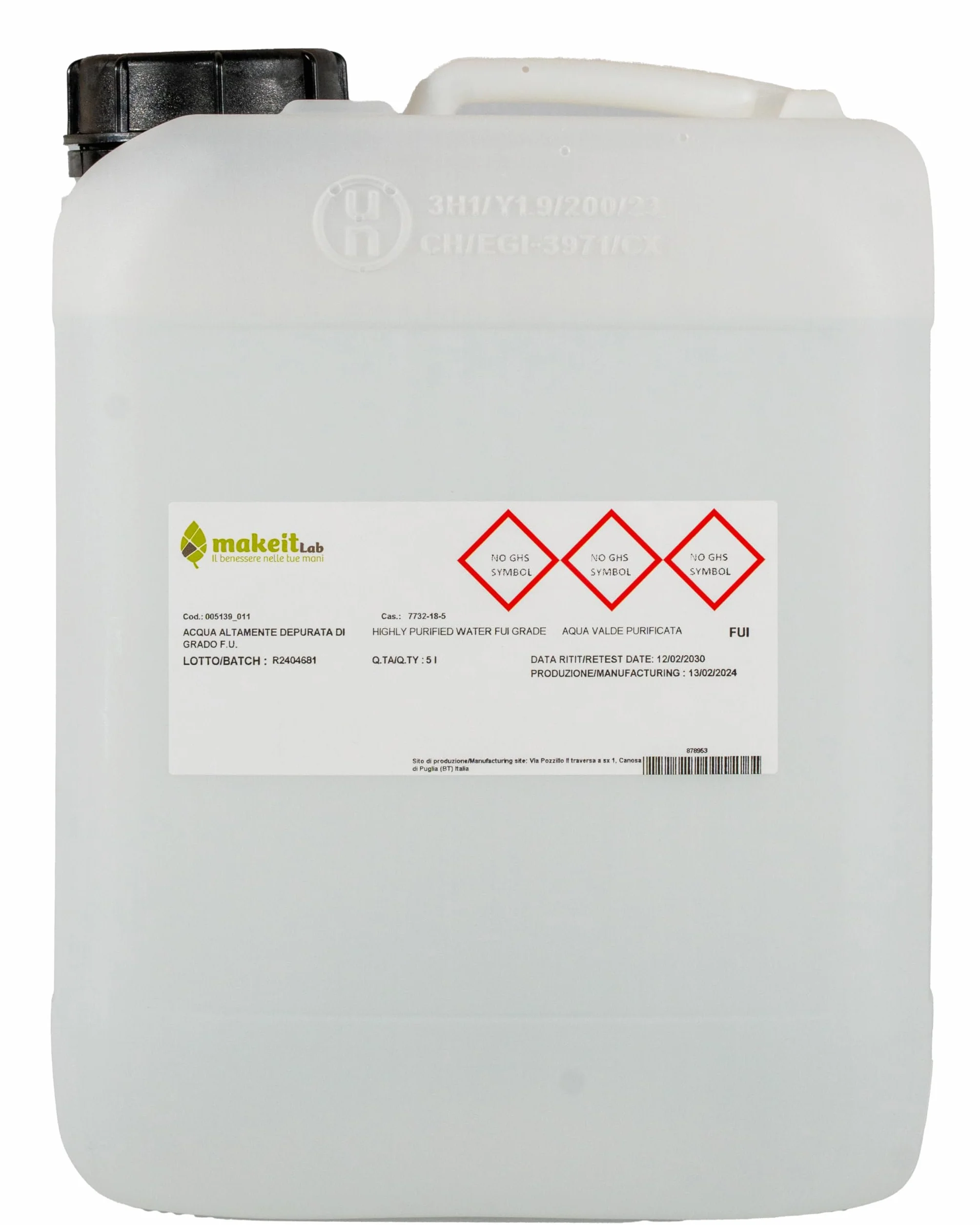 Acqua Altamente Depurata di Grado Farmaceutico 5 L, Acqua Distillata Demineralizzata Purificata per Osmosi Inversa, Made in Italy