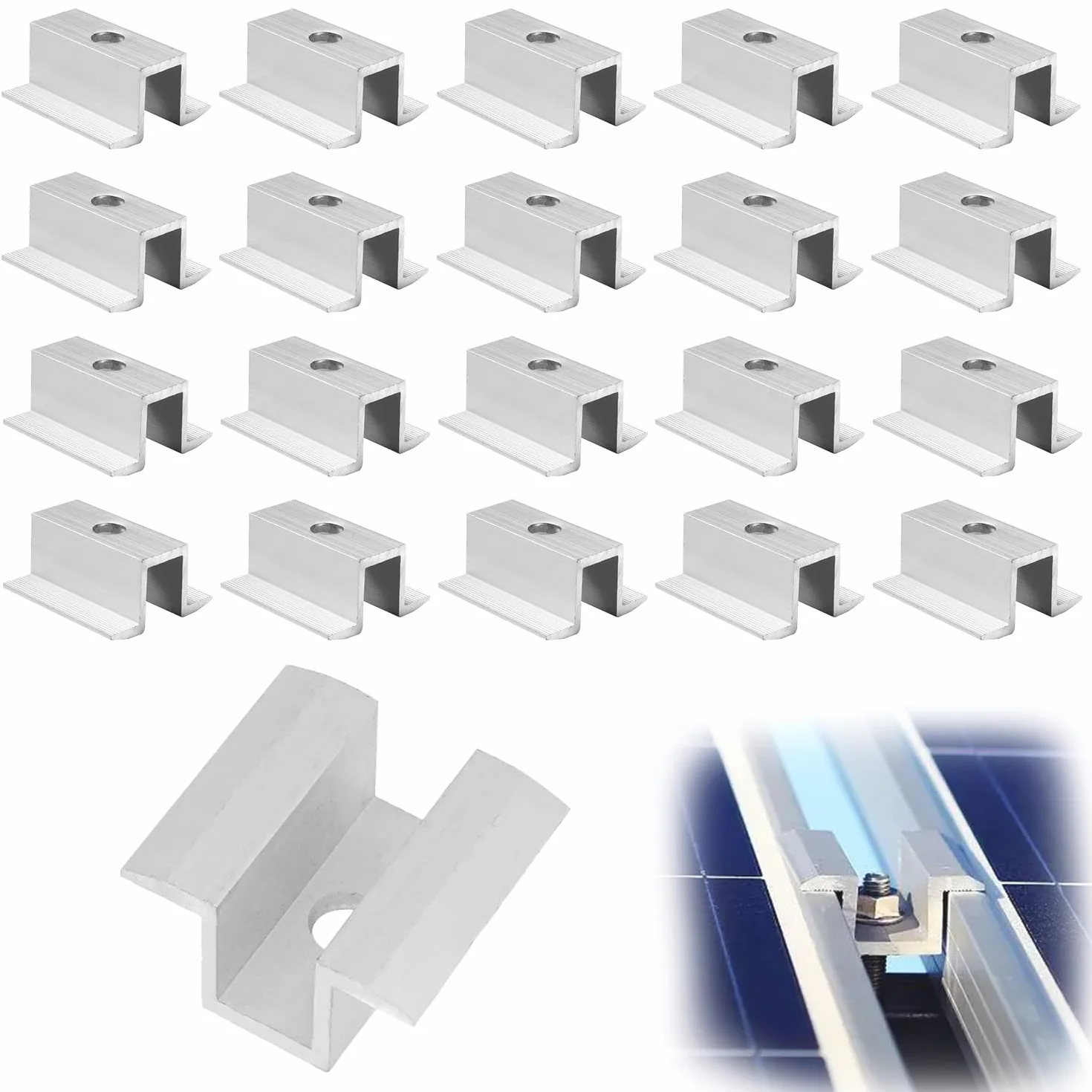 20 Pezzi Staffe per Pannelli Solari Fotovoltaici, Morsetto Centrale per Modulo Solare, Montaggio di Profili in Alluminio (1)
