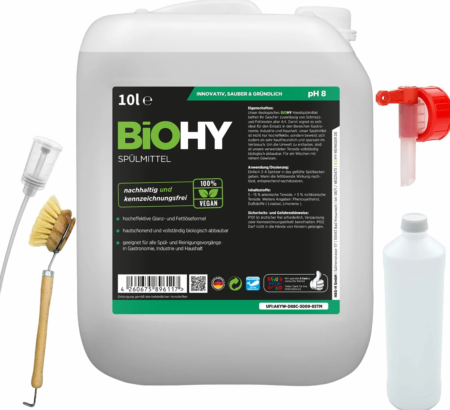 BiOHY BiOHY Set di detersivi per piatti, tanica da 10 litri, accessori | | | Detersivo | Rubinetto | Dosatore | Contenitore di miscelazione | Spazzola per lavaggio | Detergente ecologico per una