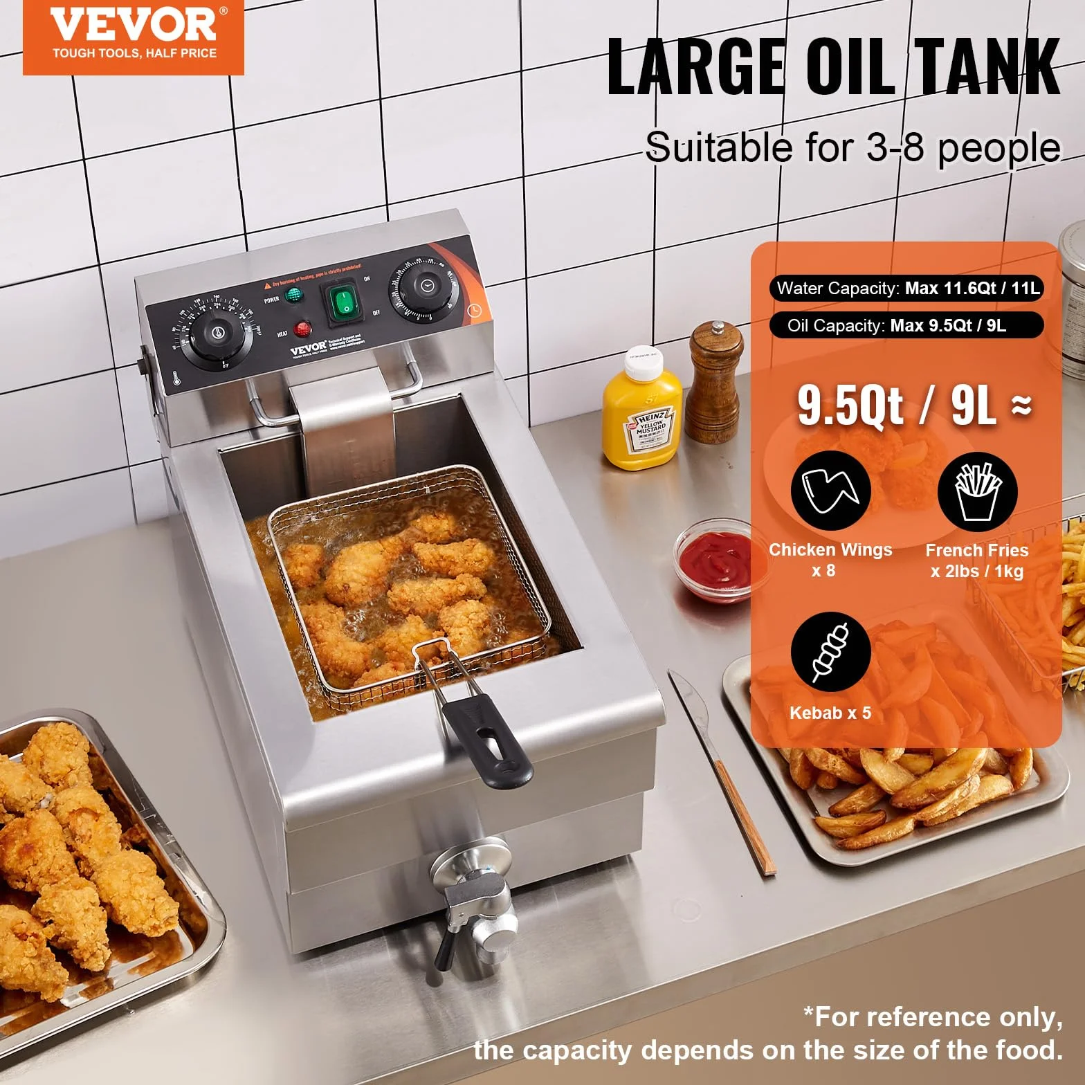 VEVOR Friggitrice Professionale Elettrica 3000W con Cestello, Friggitrice a Olio Singolo in Acciaio Inox 11 L con Controllo Tempo e Temperatura, Protezione Surriscaldamento, Uso Cucina Ristorante
