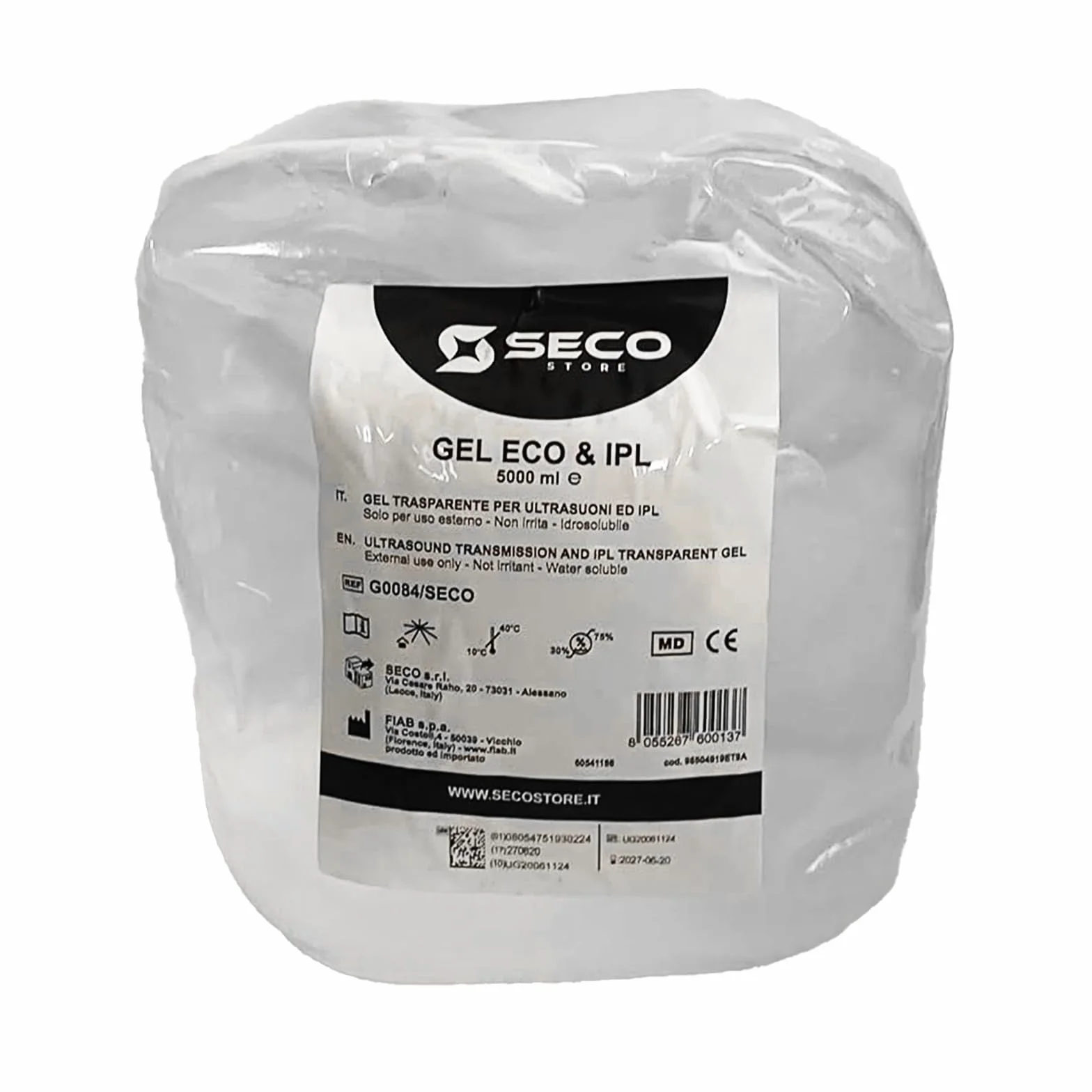 SECOSTORE Gel Conduttore Trasparente, Ultrasuoni Ecografia ECG Luce Pulsata, Ipoallergenico | Confezione 5 litri + Dosatore 250 ml