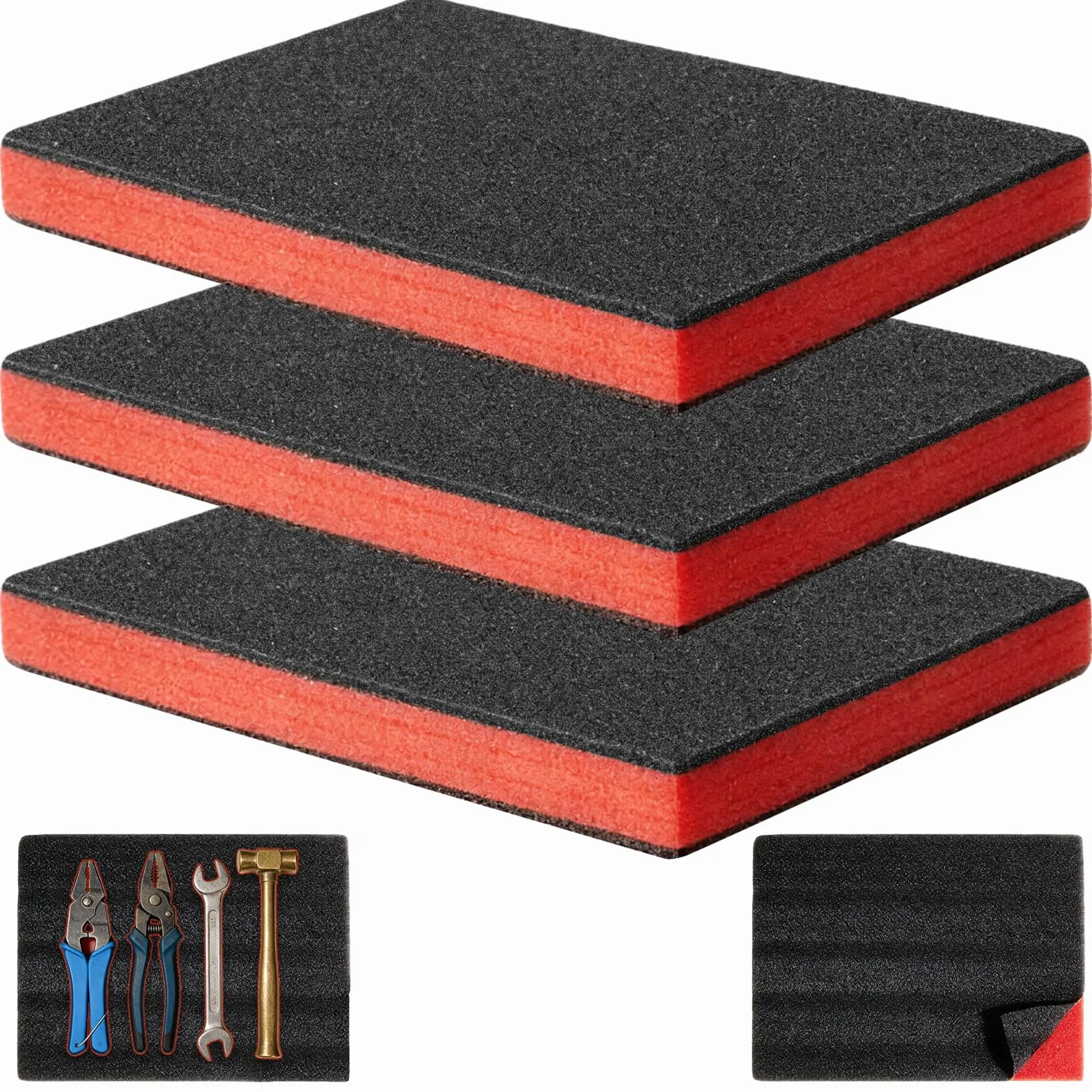 3 pezzi in gommapiuma, cassetta degli attrezzi in schiuma di polietilene, strumento di protezione antiurto (40 x 30 x 2,5 cm, nero/rosso)
