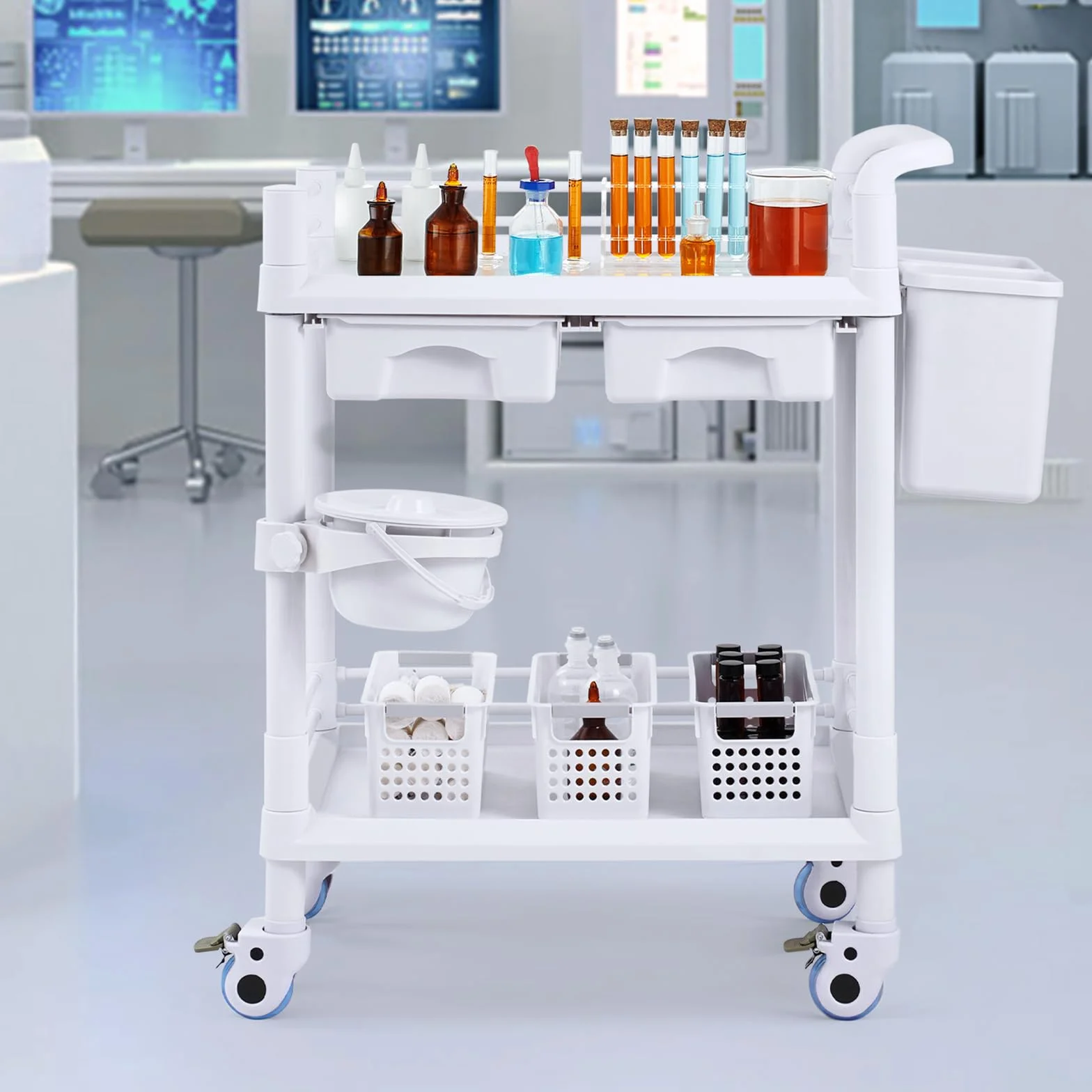 VEVOR Carrello da Laboratorio a 2 Ripiani, Mobile Medico con 2 Cassetti, 2 Vassoi, 4 Ruote, PP, 3 Contenitori