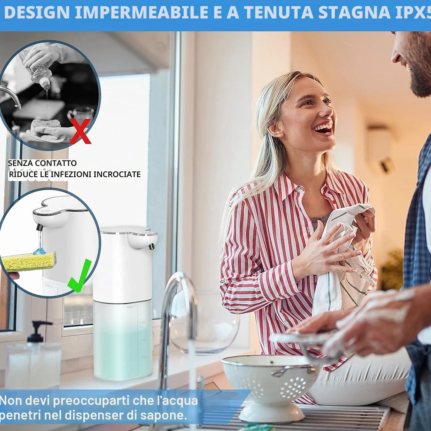 Sapone Liquido Automatico Senza Contatto Ricaricabile 400 ML con Supporto da Parete, 4 Volumi Schiuma Regolabile, Elettrico IPX5 Sensore Movimento Infrarosso, Pulizia Automatica