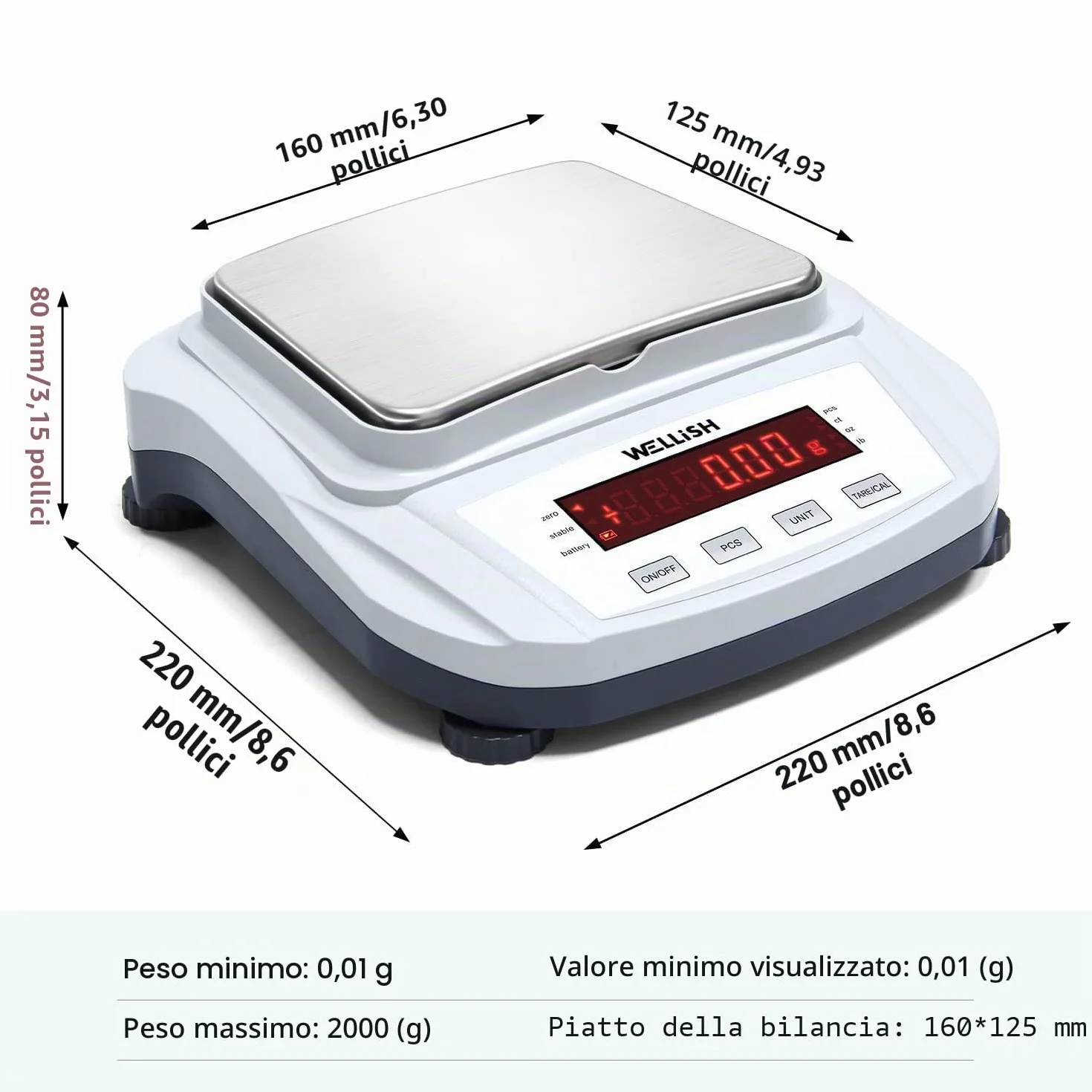 WELLiSH Bilancia da Laboratorio di Precisione 2000g 0,01g Bilancia Digitale di Precisione Certificazione CE con Funzione di Conteggio LCD Retroilluminato per Laboratorio Scolastico Farmacia