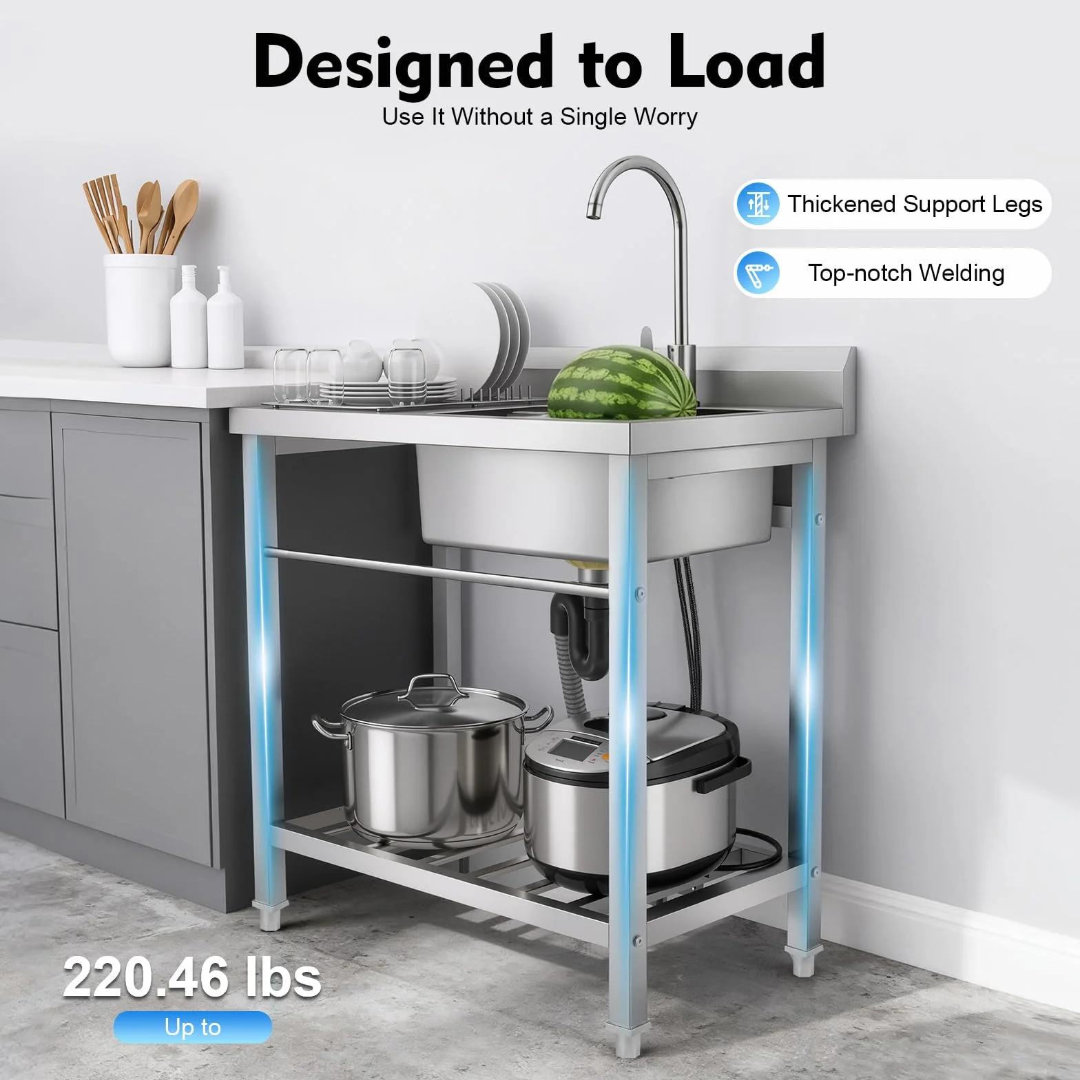 Lavello autoportante con gambe quadrate e una vasca, lavello commerciale con mobiletto, portata fino a 100 kg, incluso rubinetto e connettore per acqua, 80 x 55 x 84 cm