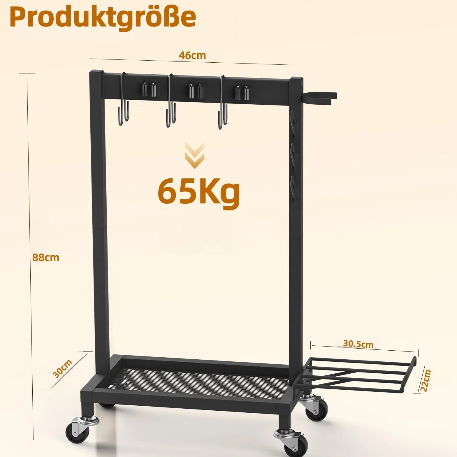 Porta scopa con organizer per detergenti, porta scopa con ruote, porta scopa e mocio, carrello per la pulizia con 6 ganci per mop, 3 ganci doppi, portata 68 kg, nero