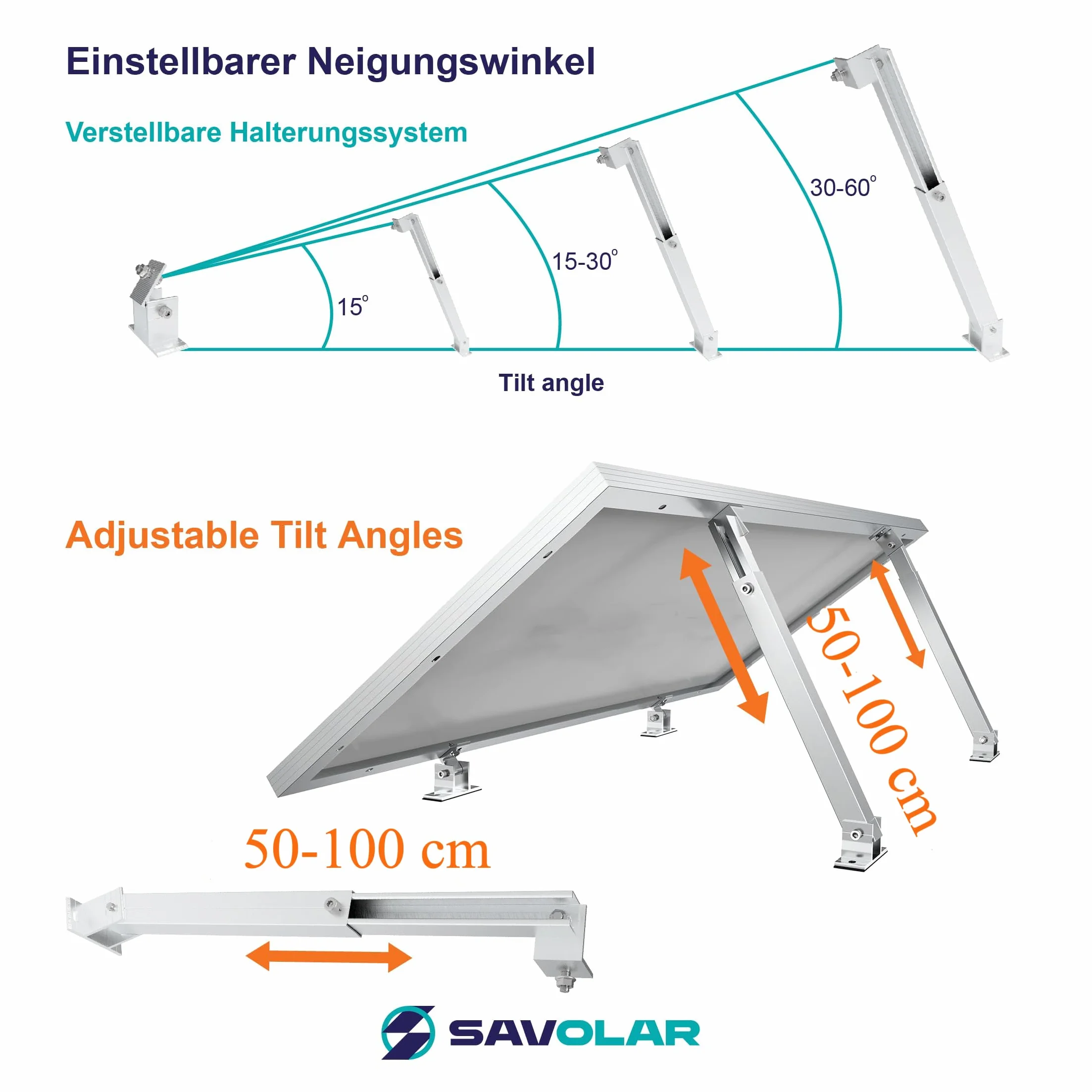 SAVOLAR Supporto per Pannello Solare Angolo Regolabile 15-60° 50-100cm per Balcone Tetto Piatto