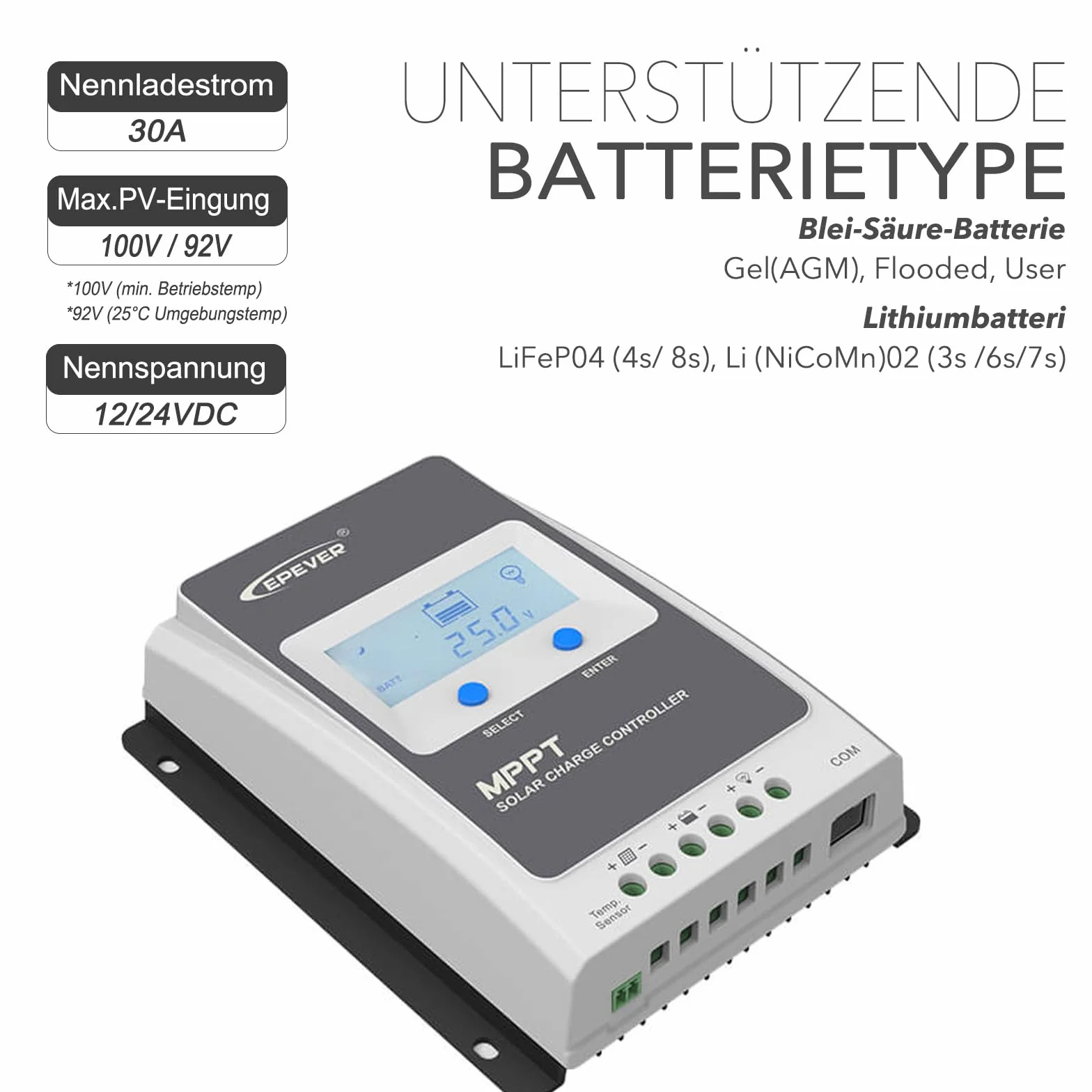 EPEVER® MPPT Tracer-AN G3 – Tracer3210AN G3 Regolatore di Carica Solare, 30A, 12/24VDC auto work, PV 100V, LCD Display, Messa a terra negativa comune