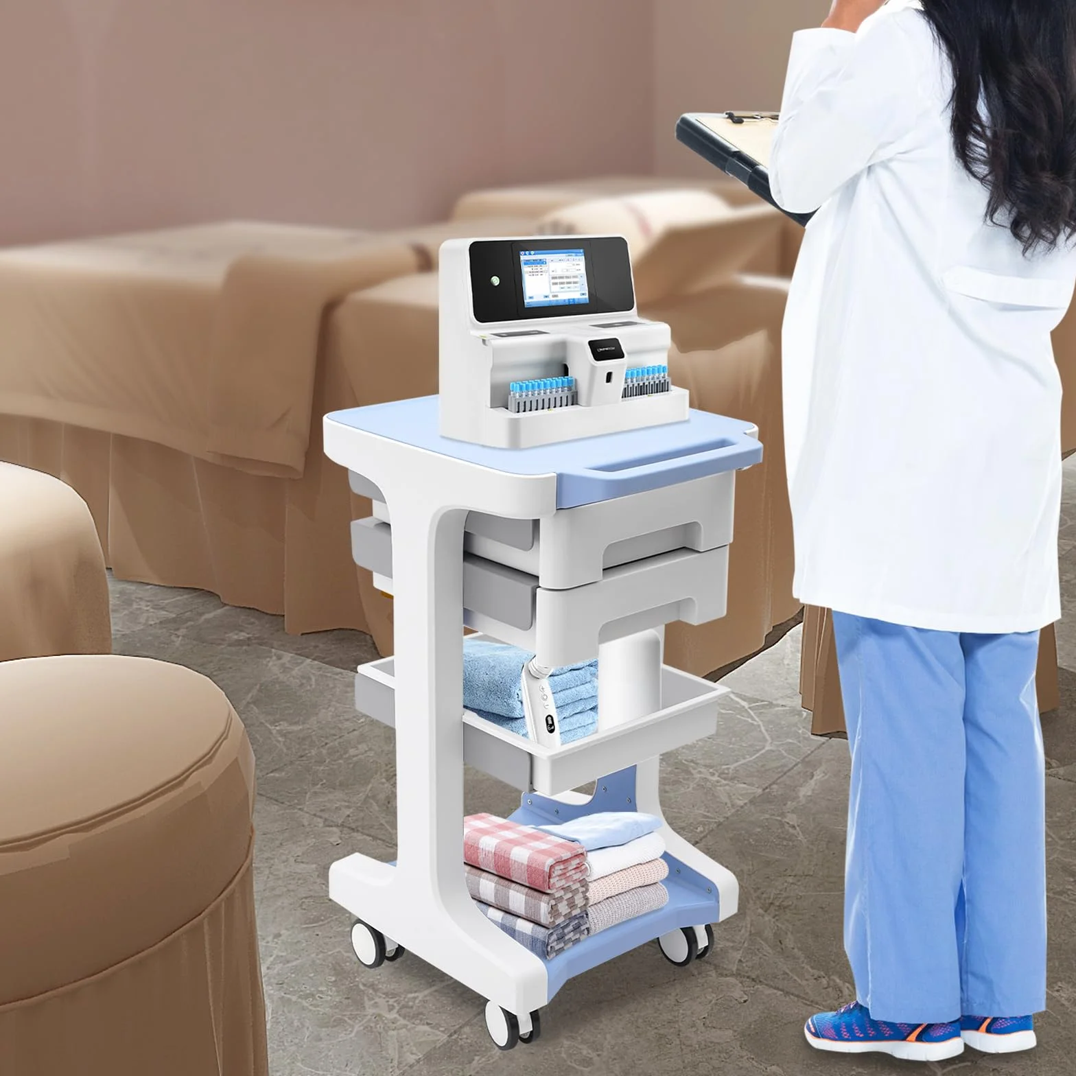 Carrello medico Beauty Salon Trolley con 2 cassetti, carrello/carrello, carrello da lavoro e parrucchiere, 41 × 41 × 67 cm, blu