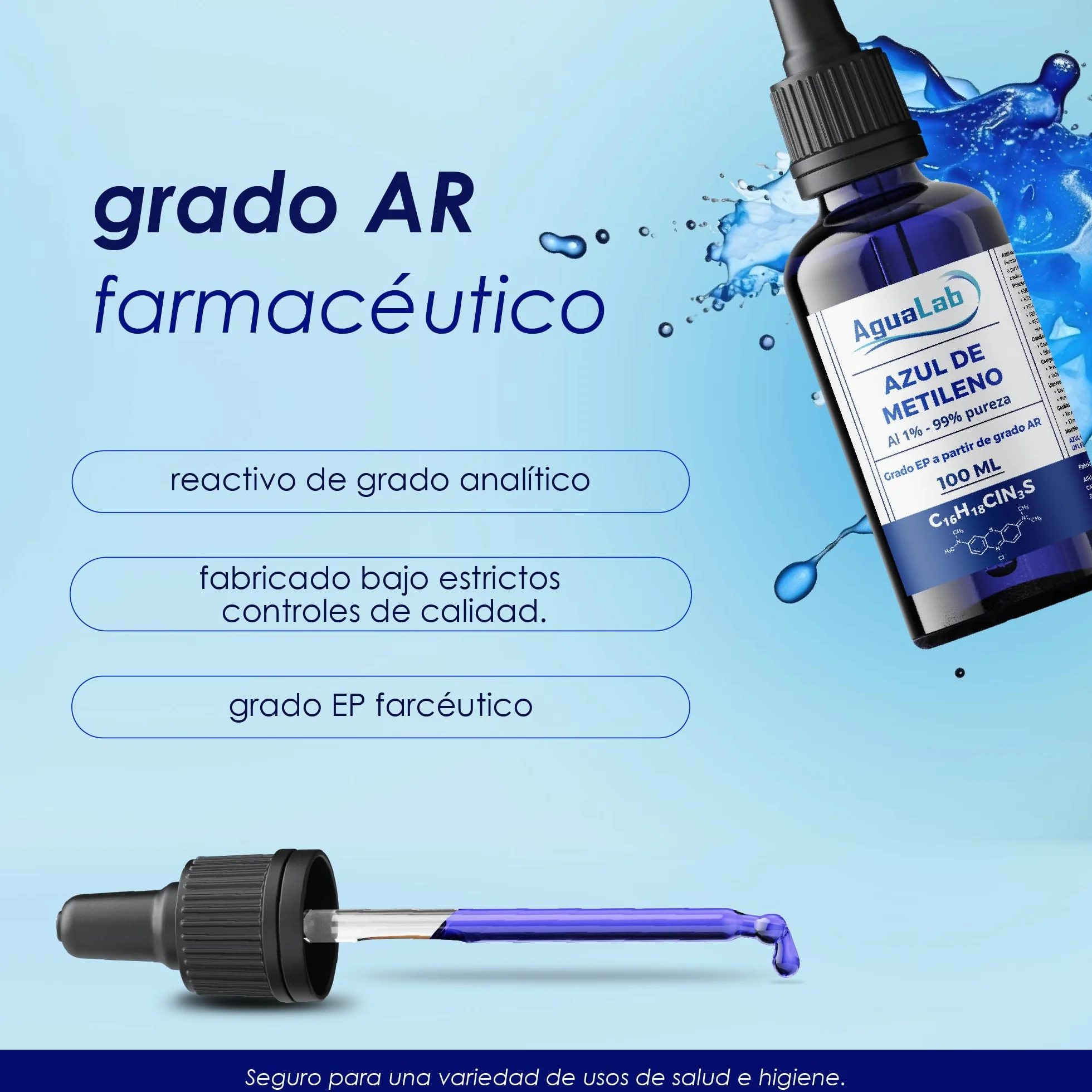 Blu di Metilene 1% Soluzione Grado EP 100 ml Alta Purezza 99% Flacone di Vetro Ambra con Dosatore