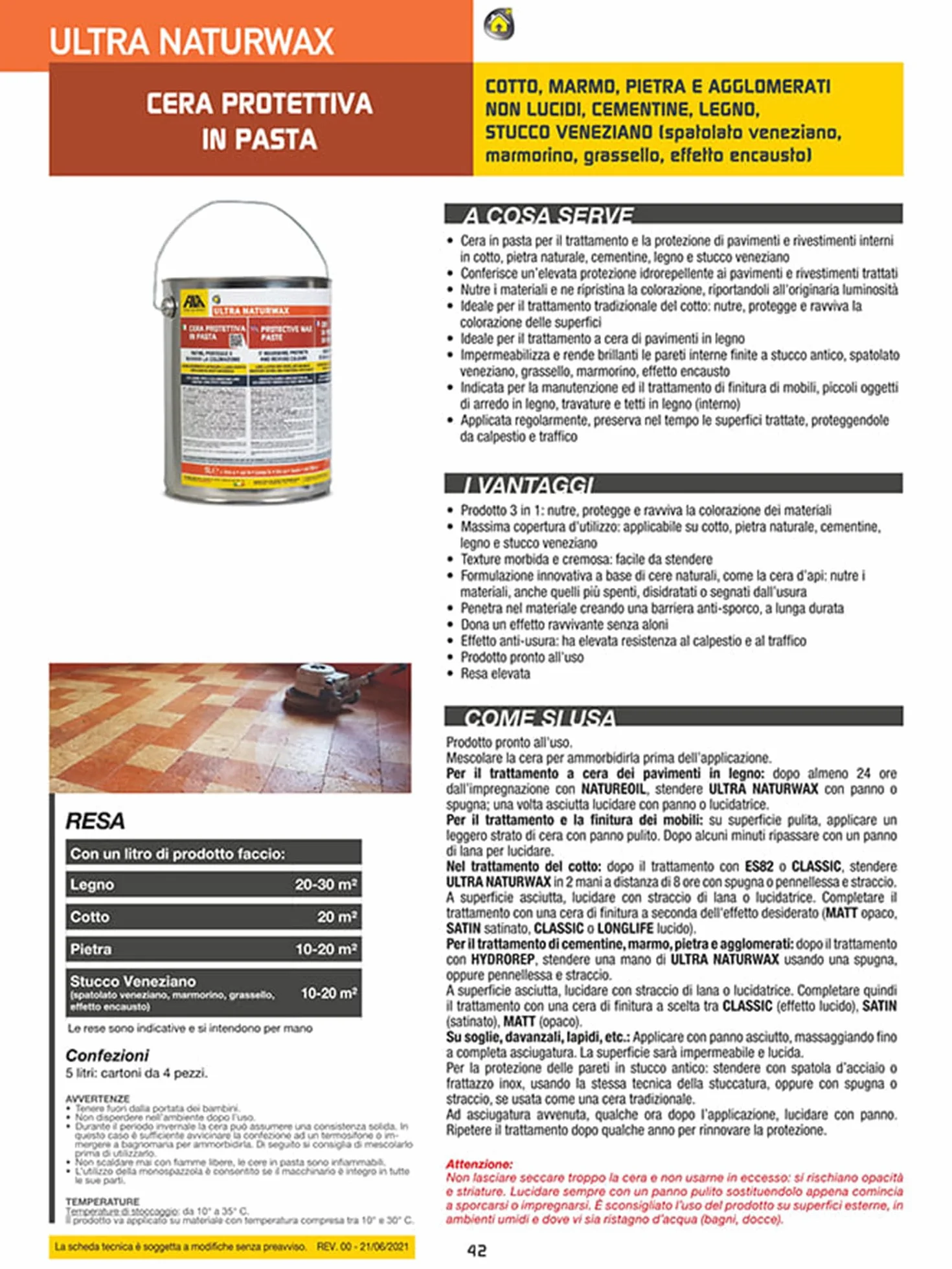 Cera per Cotto Interno Protettiva In Pasta Ultra Naturwax 5 Litri