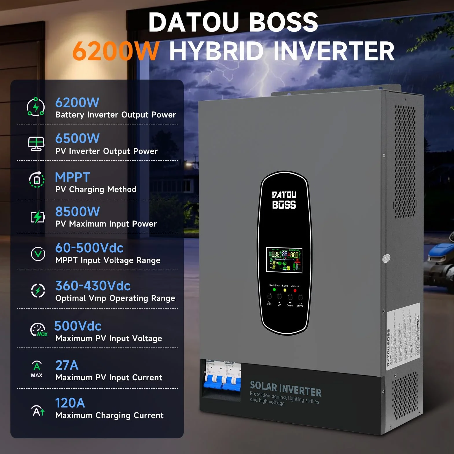 DATOUBOSS Inverter solare ibrido da 6200 W, 48 VDC a 230 V, inverter sinusoidale puro con 120 A, ingresso fotovoltaico da 8500 W, supporta il sistema di protezione BMS, per batterie al litio da 48 V.
