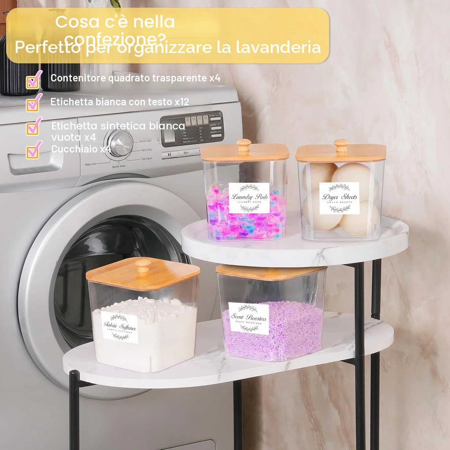 4 Grandi Contenitori per Capsule per Il Bucato, Contenitore per Detersivo con Coperchio, Contenitore Multiuso per Detersivo con 16 Adesivi e 4 Cucchiai per Lavaggio in Polvere, Fogli di Detersivo