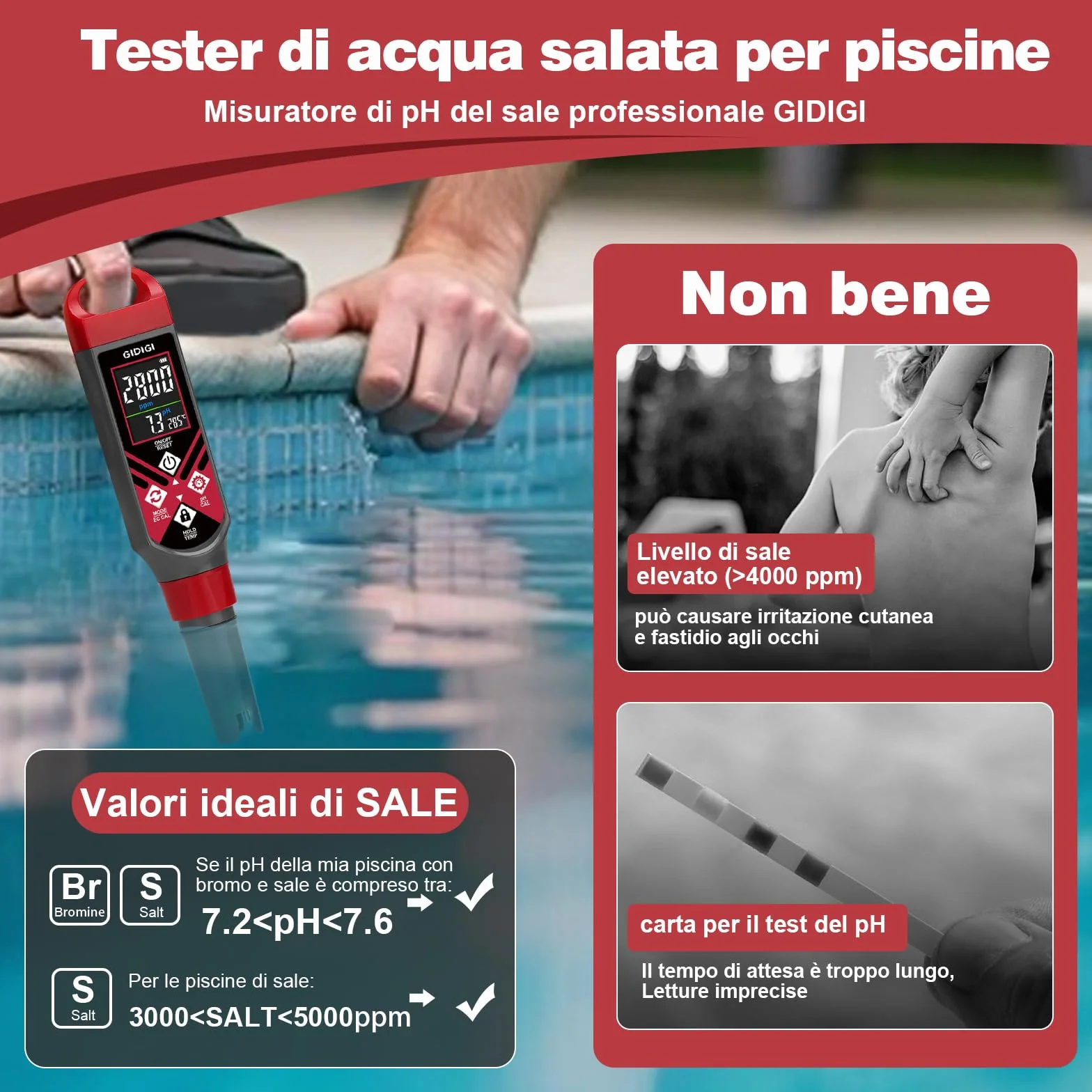 GIDIGI Misuratore di pH per Piscina 5 in 1 Tester PPM Schermo a Colori Acqua Salata Acquario