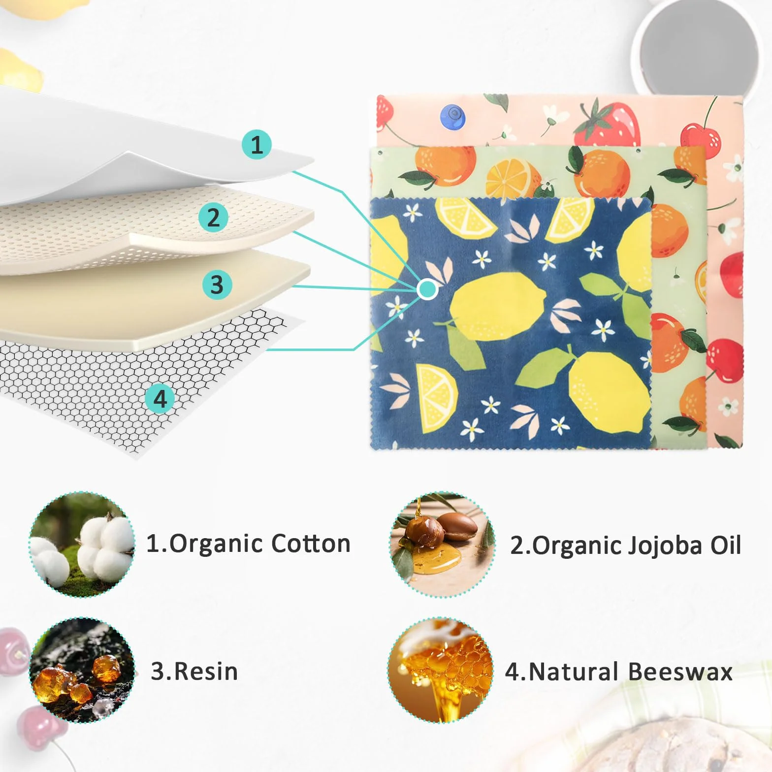 9 Pezzi Bee Wrap, Involucri Alimentari Riutilizzabili in Cotone Biologico e Cera d'Api Naturale, Pellicola Lavabile per Pane, Formaggio e Frutta, 3 Dimensioni (5S, 3M, 1L)