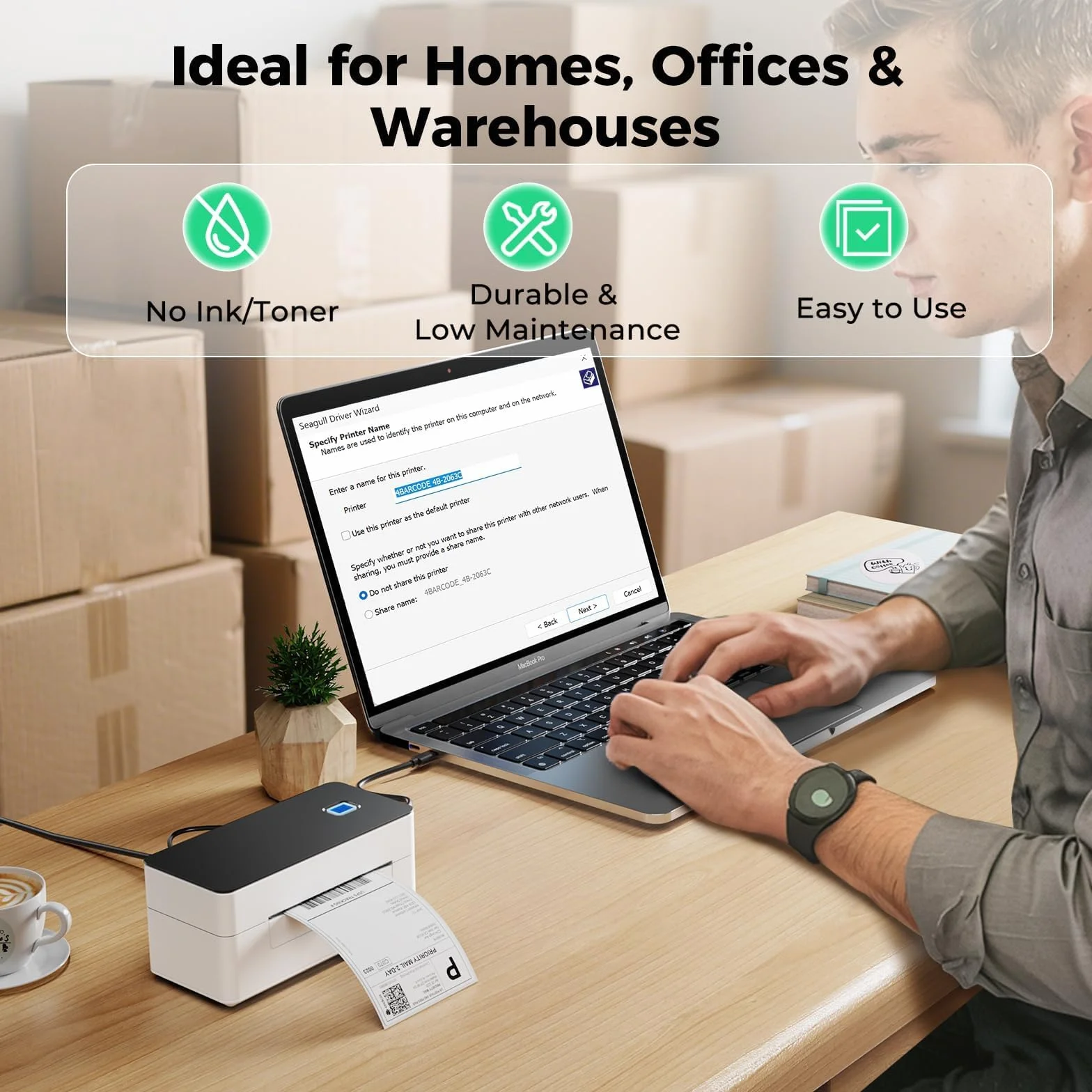 SVANTTO Stampante etichette spedizione ad alta velocità 4x6”, 180 mm/s, compatibile con i sistemi Windows/macOS/Android/iOS, stampa senza inchiostro, compatibile con UPS/Colissimo/Shopify/e-Bay/Vinted