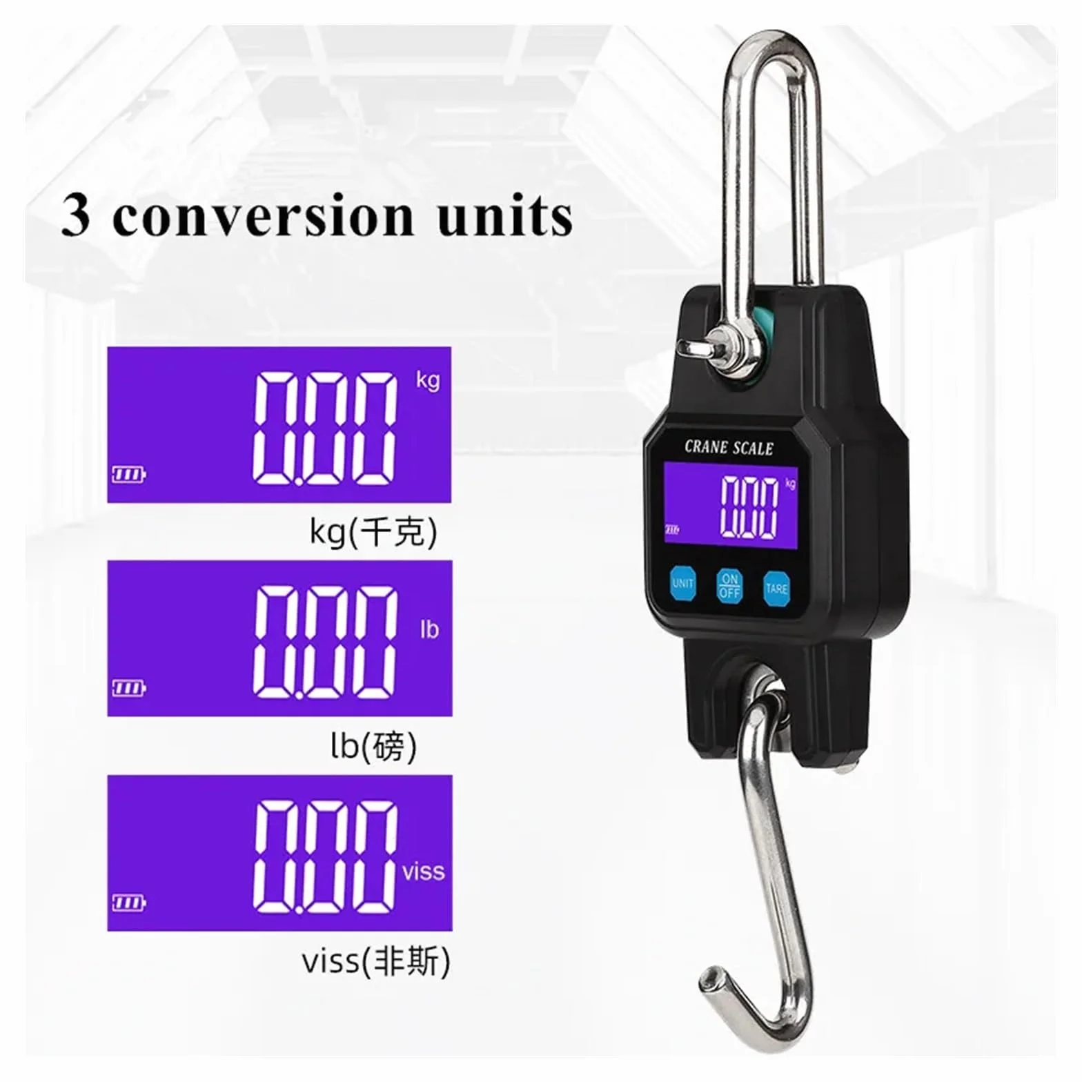 Bilancia sospesa Bluetooth 300 kg/50 g digitale ricaricabile gancio sospeso acciaio inossidabile
