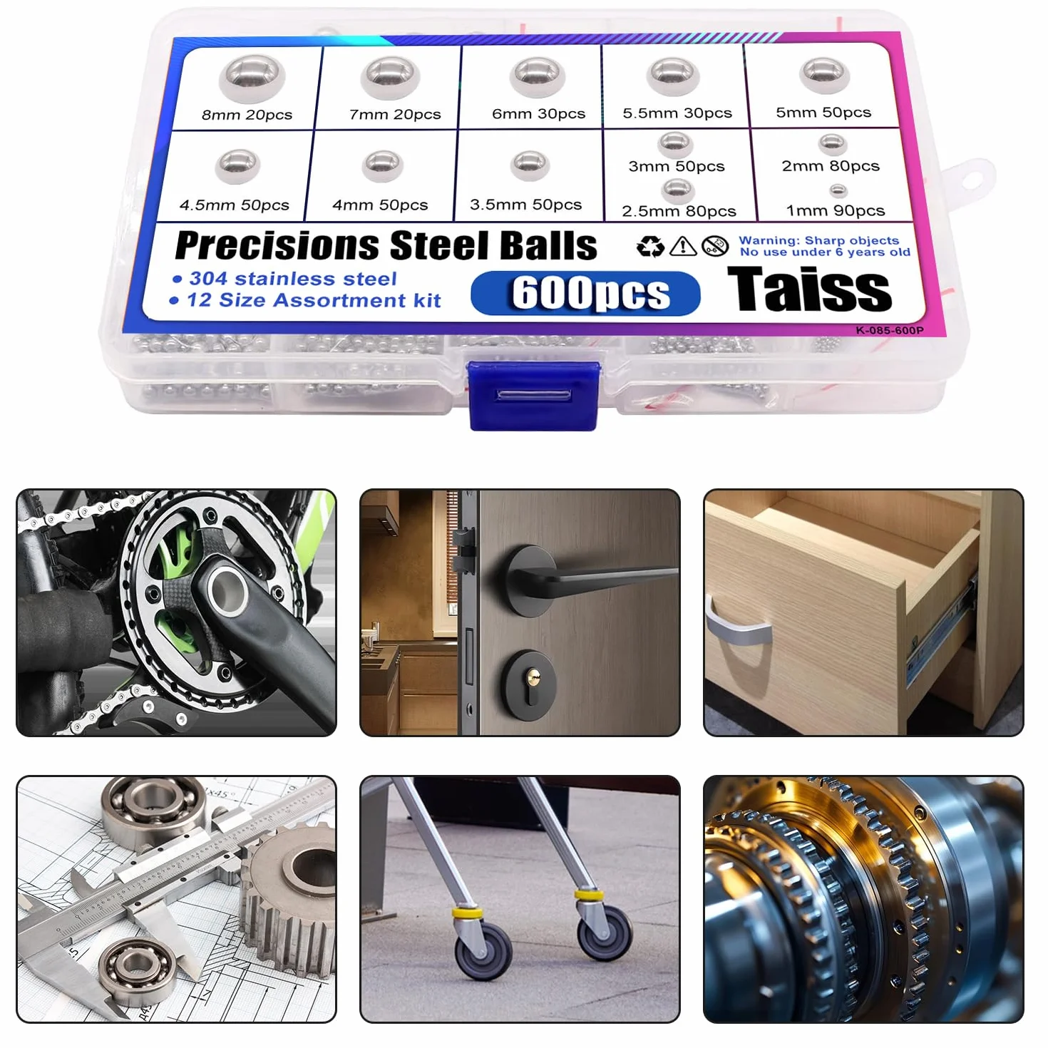Taiss 600pcs 12size 1-8mm sfere acciaio, sfere acciaio per cuscinetti, sfere dell'acciaio inossidabile per le sfere d'acciaio di precisione della ruota della bicicletta di montagna