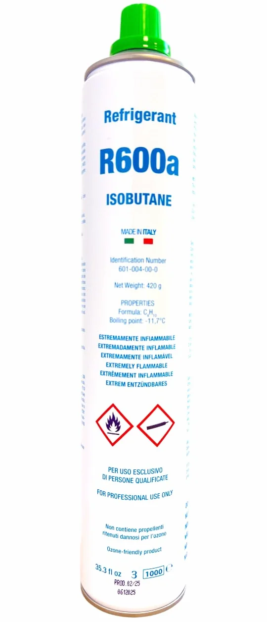 Kit completo Gas Refrigerante R600a Isobutano | Confezione da 420 g netto | Per Ricarica di Frigoriferi e Congelatori | Include Valvola e Tubo di Carico | Soluzione Ecologica