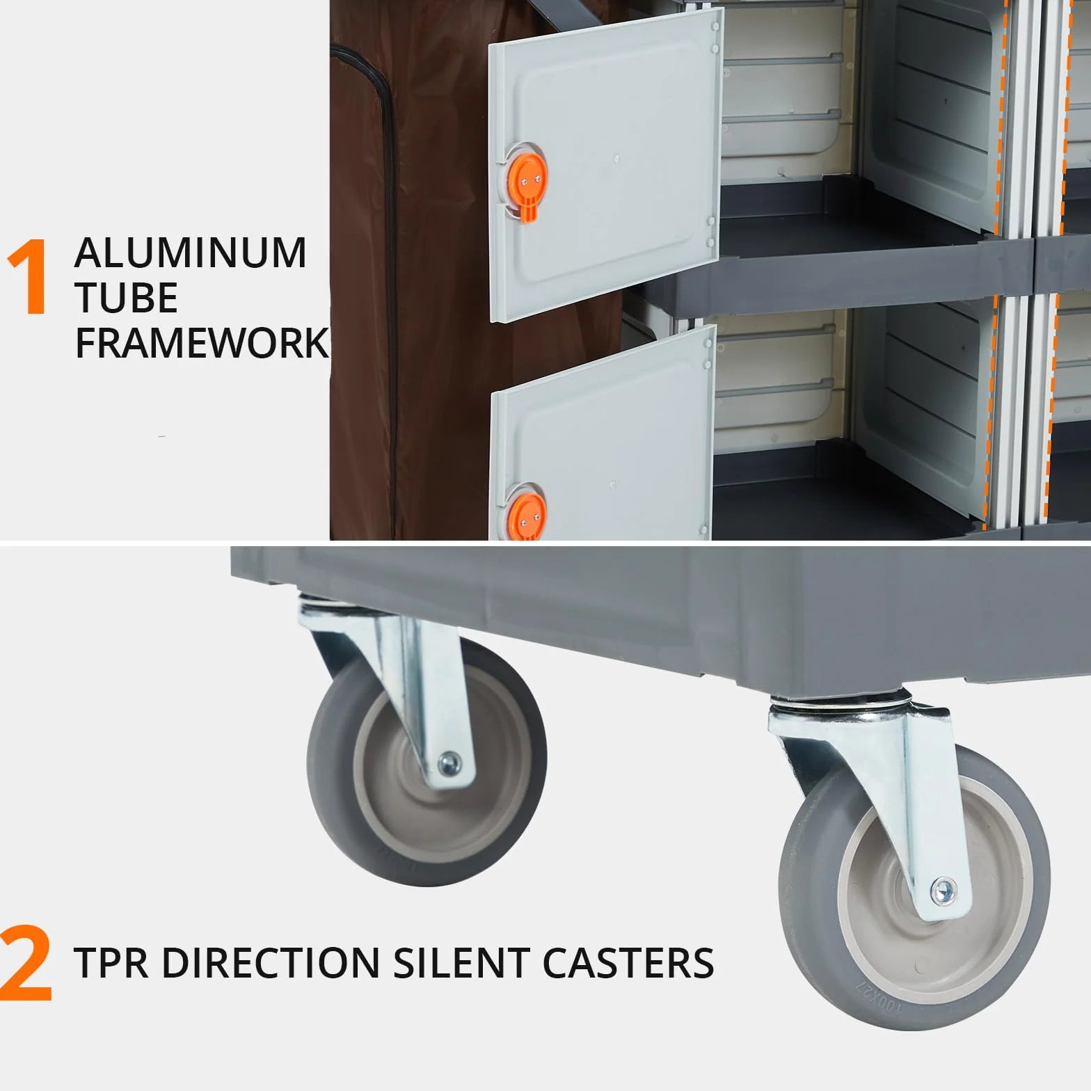 Carrello per pulizie professionale a 4 scomparti con doppio coperchio, manico in PP, struttura in alluminio, ruote silenziose TPR da 4 pollici, sacchi inclusi