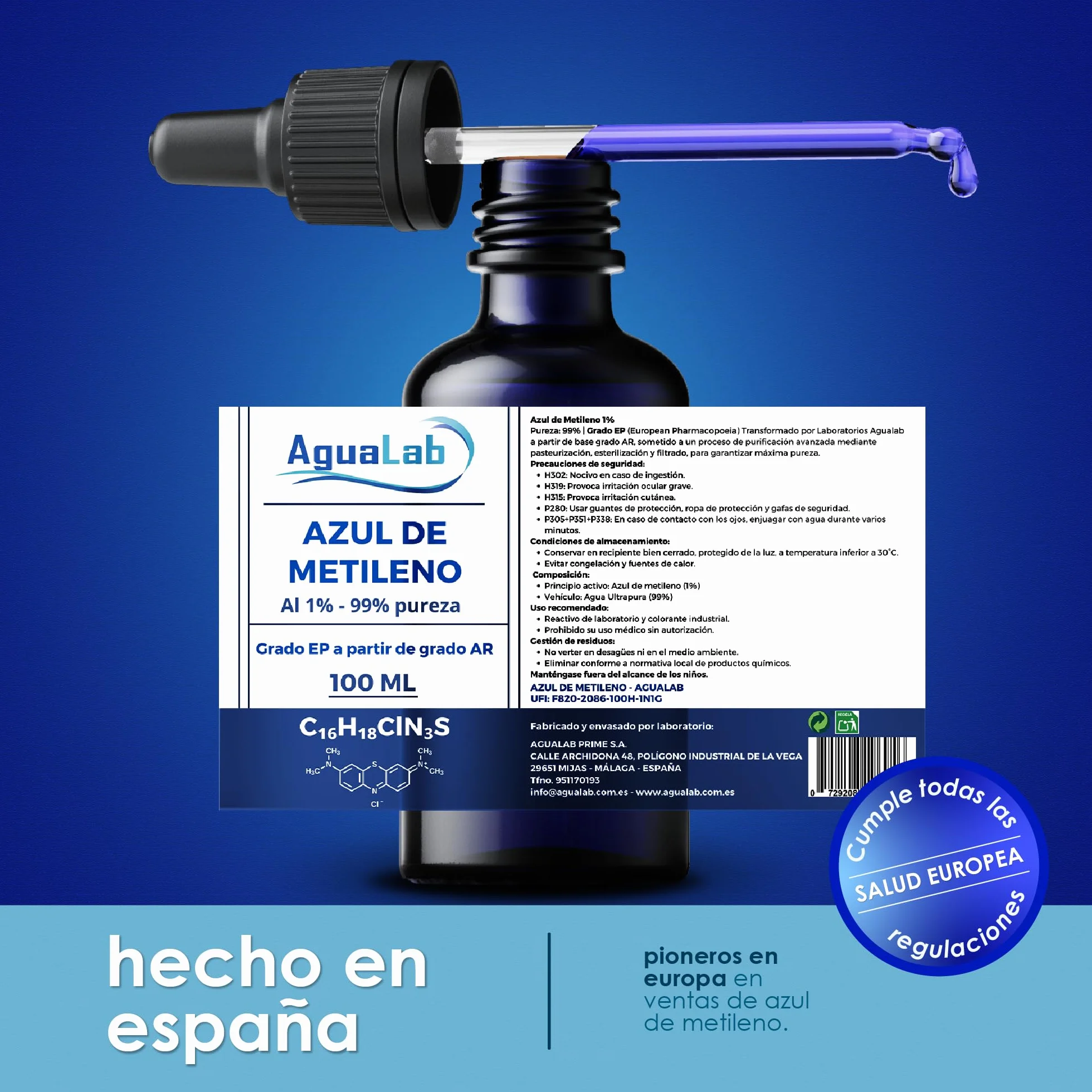 Blu di Metilene 1% Soluzione Grado EP 100 ml Alta Purezza 99% Flacone di Vetro Ambra con Dosatore
