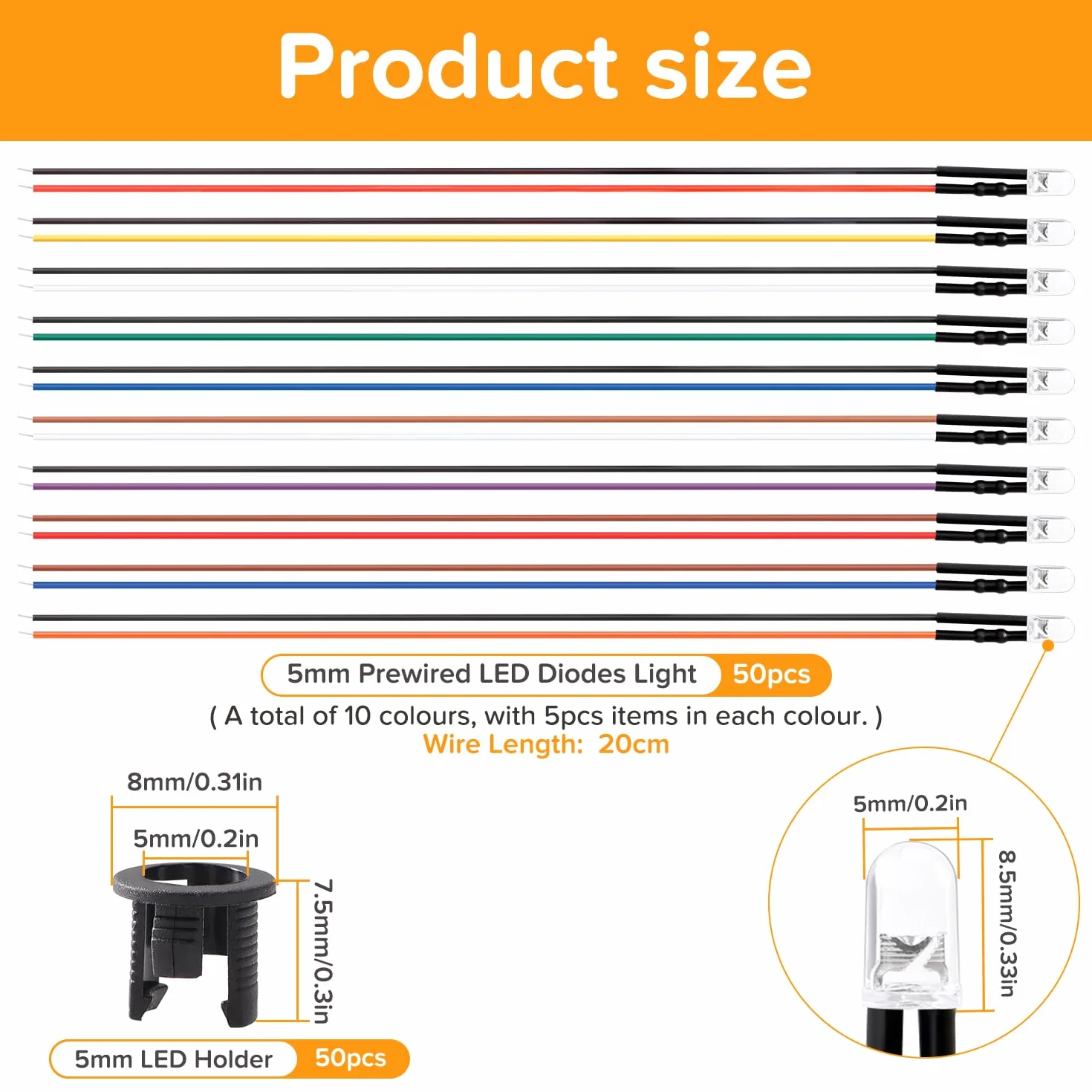 50 Pezzi 5mm 12V Diodo LED Precablata 20cm con Supporto Plastica, 10 Colori