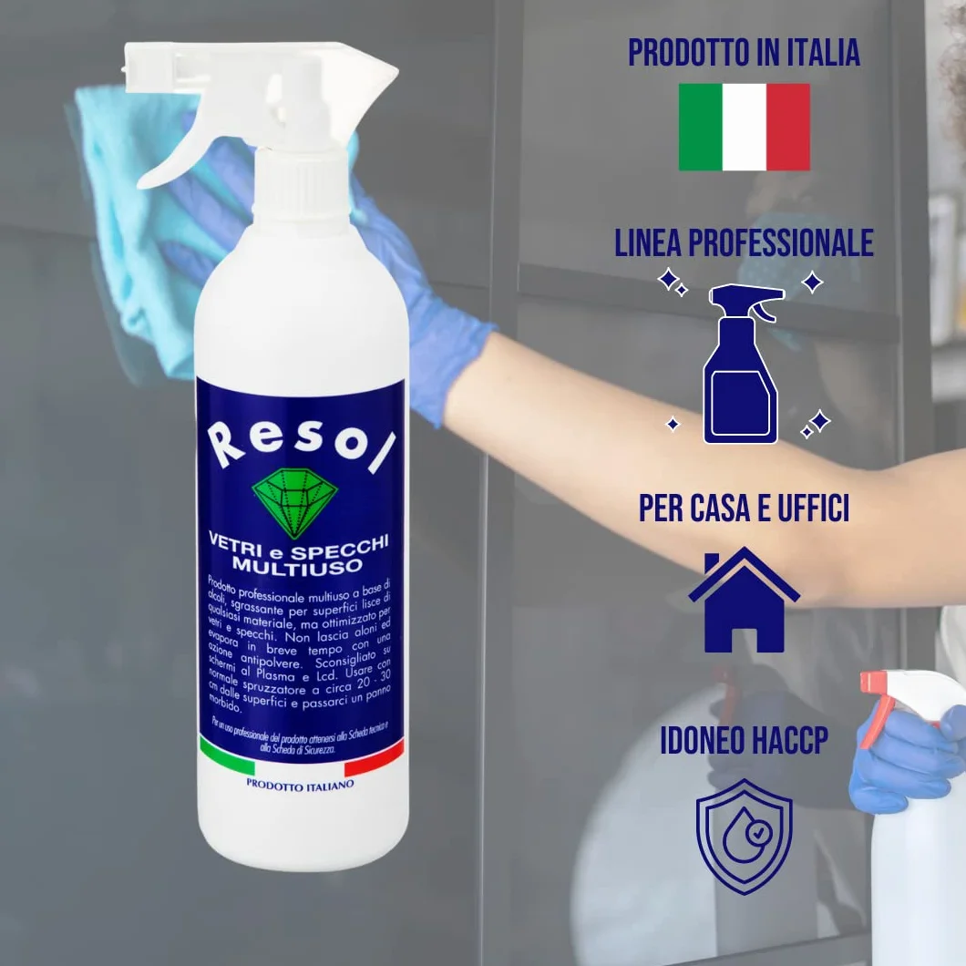 RESOL Spray vetri 750ml Detersivo vetri Igienizzante professionale Detergente vetri azione antipolvere