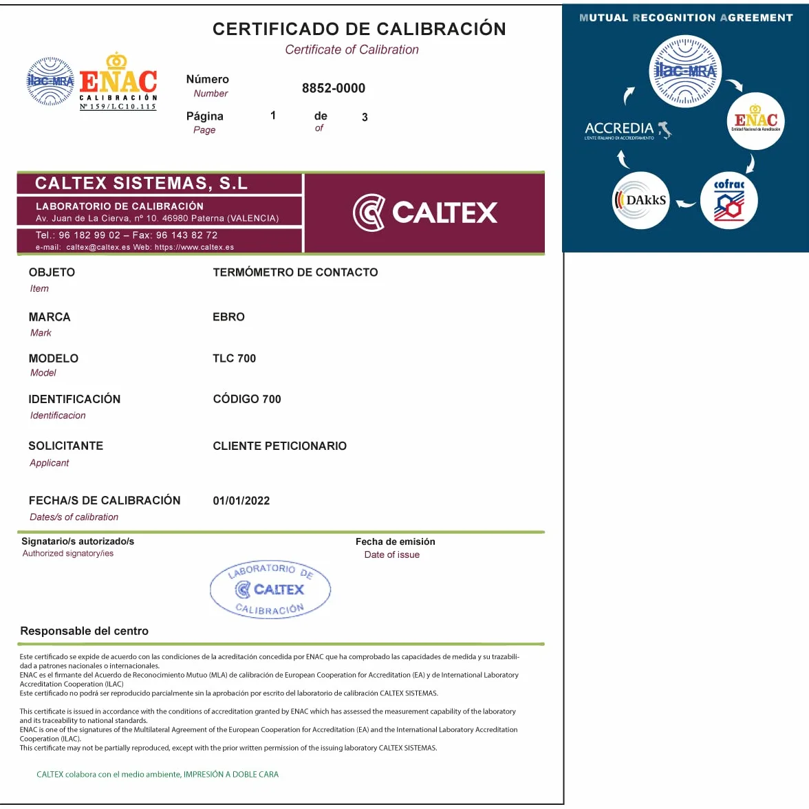 Termometro tarato EBRO TLC 700 con Certificato di Taratura Acreditato LAT