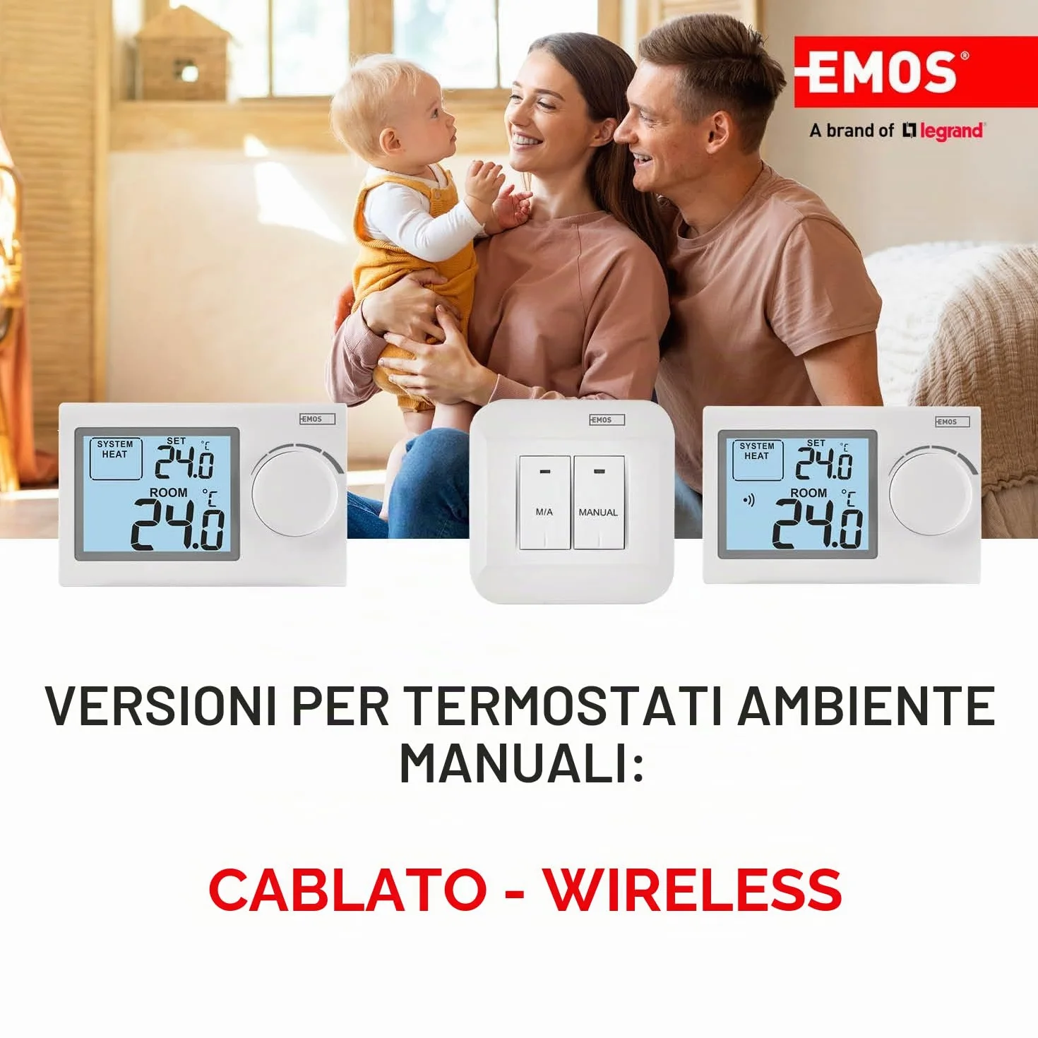 EMOS Termostato ambiente digitale, a parete portatile per sistemi di riscaldamento e raffreddamento, regolatore della temperatura per il controllo meccanico, cablato